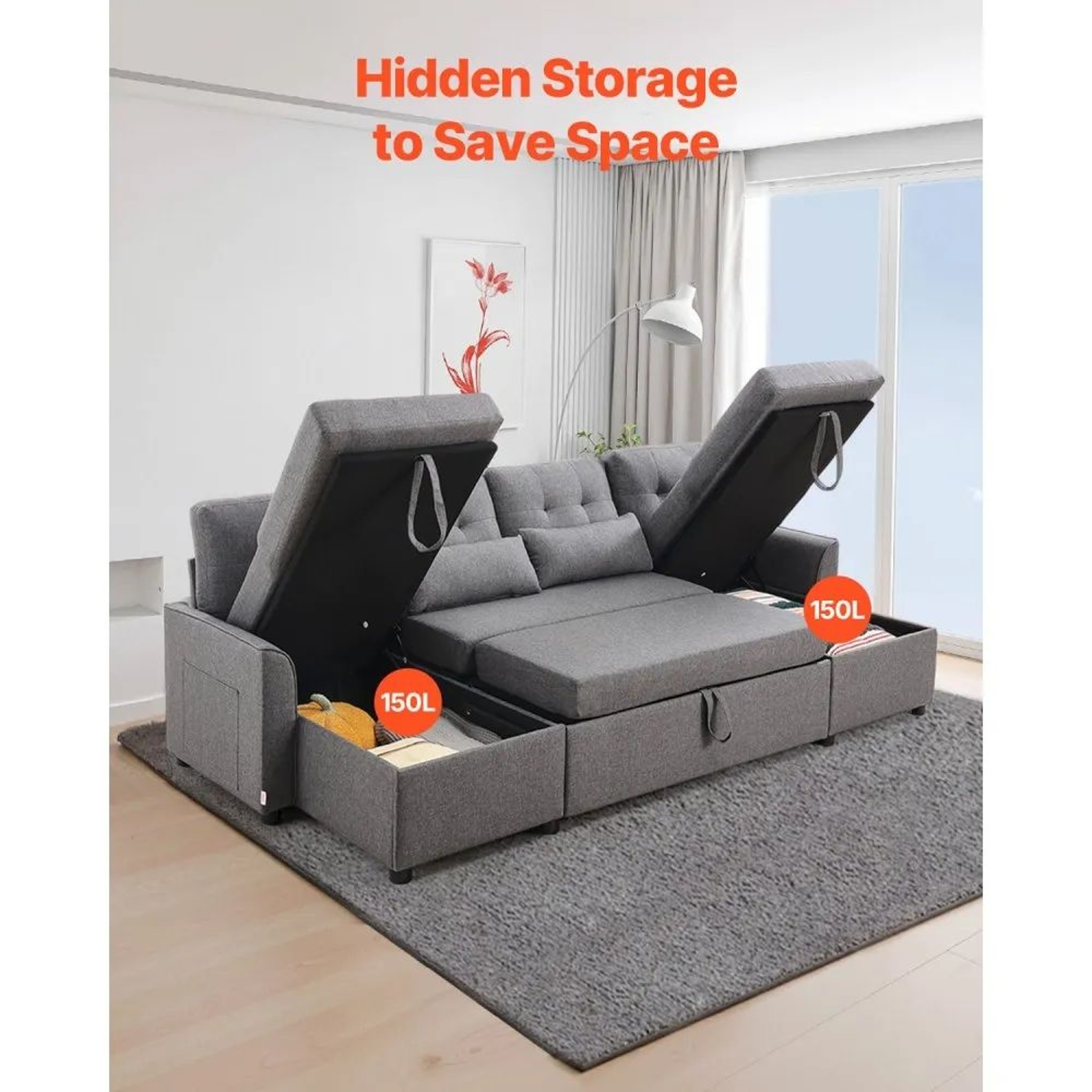 UShaped Convertible Sofa Bed With Double Chaise Storage And 6 Seats 1