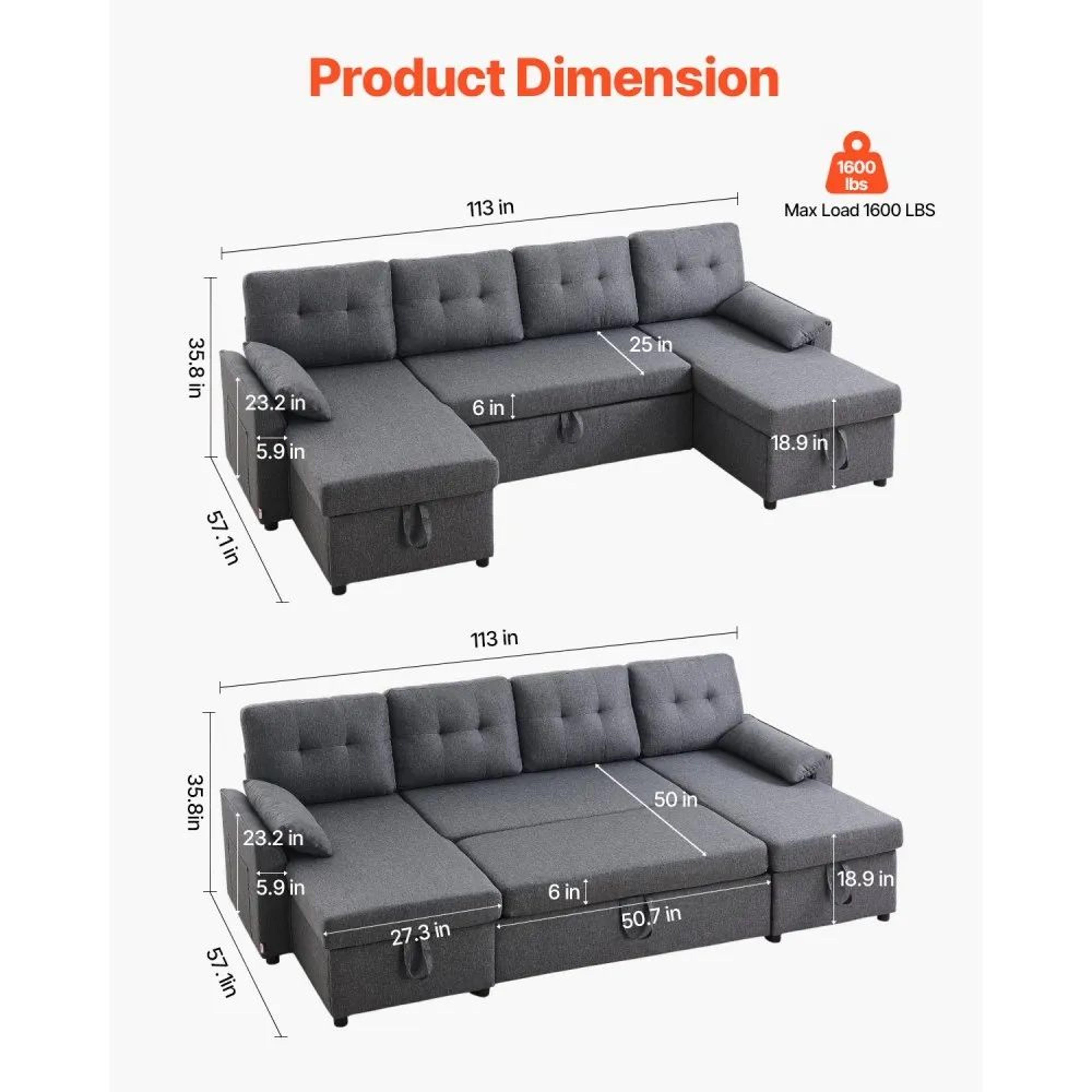 UShaped Convertible Sofa Bed With Double Chaise Storage And 6 Seats 6