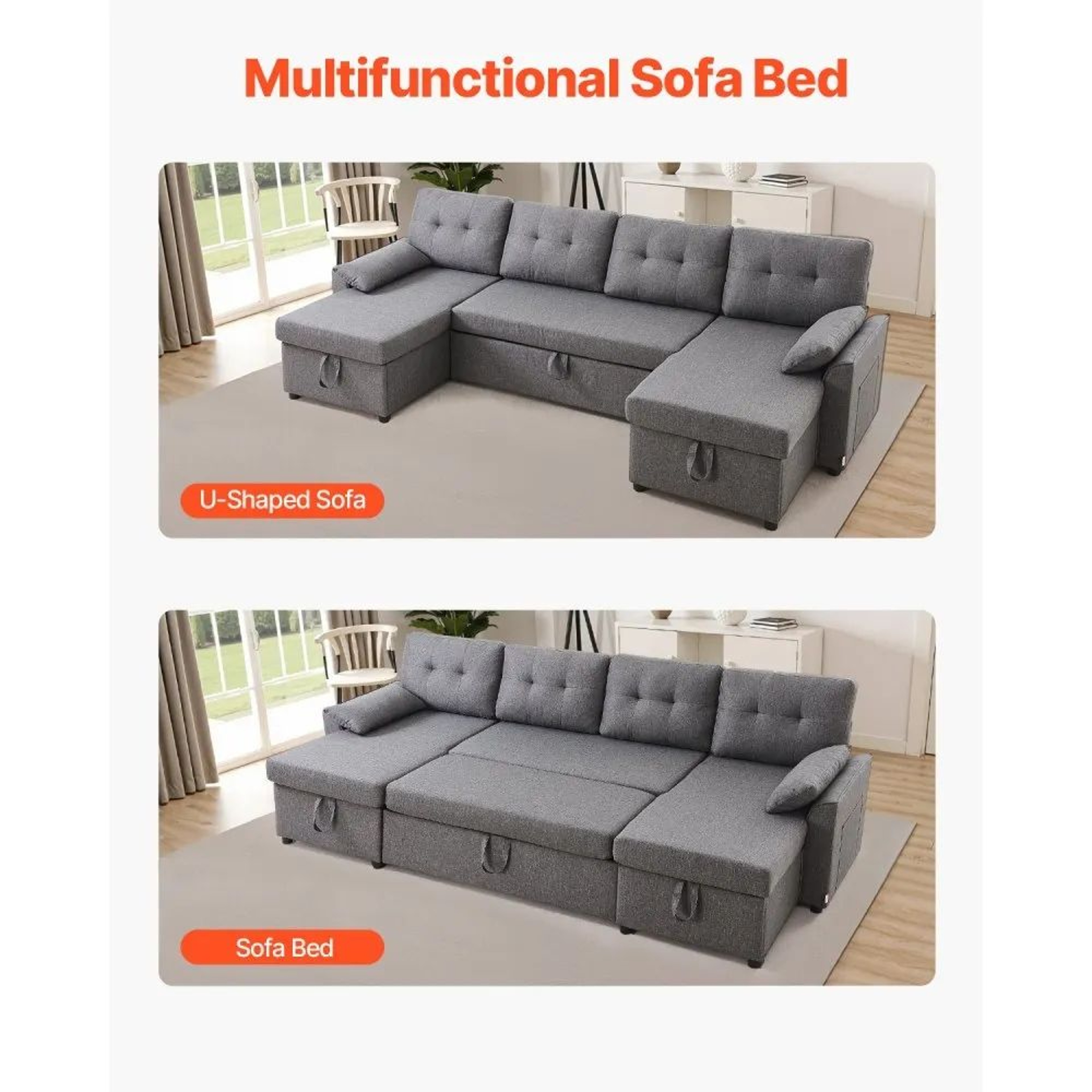 UShaped Convertible Sofa Bed With Double Chaise Storage And 6 Seats 5