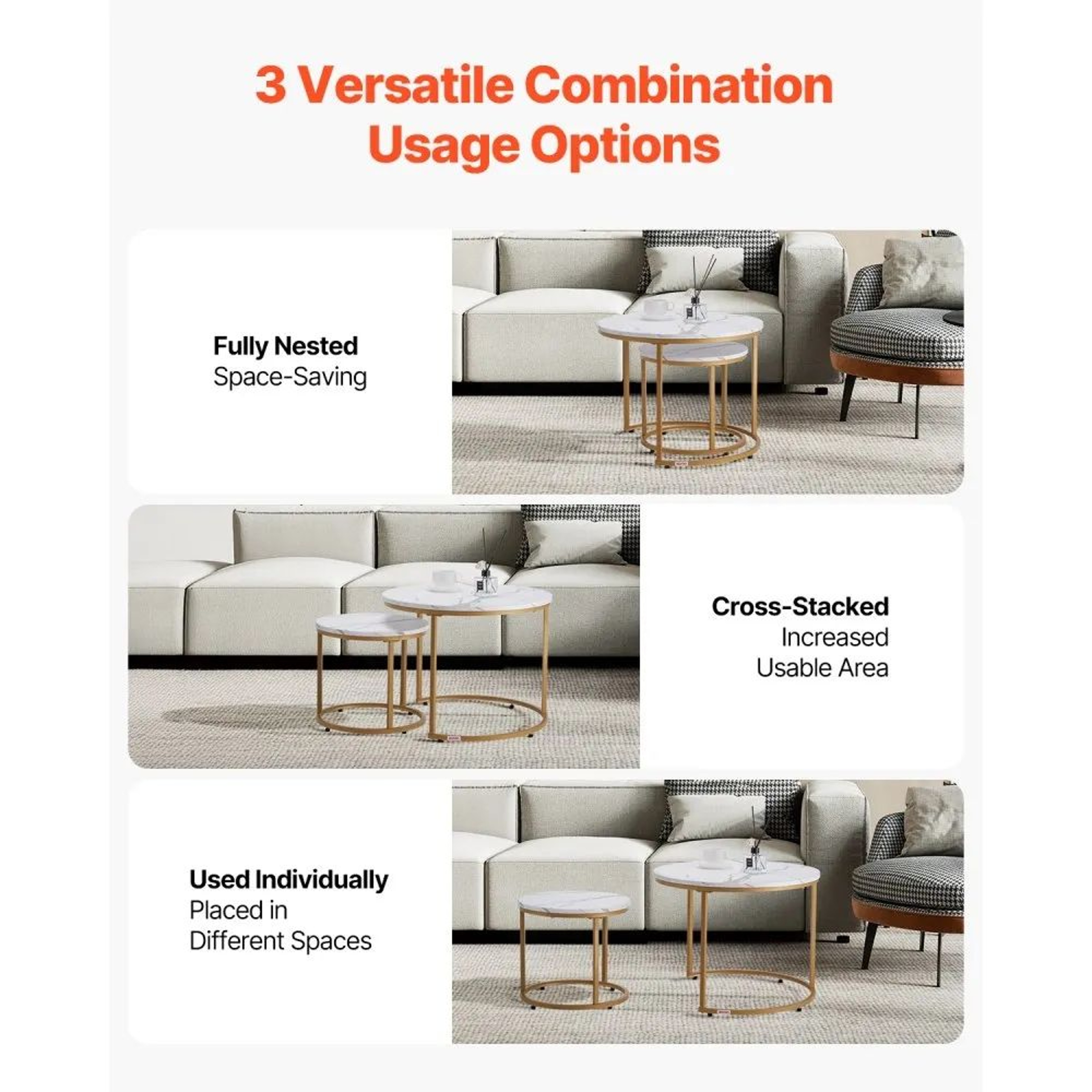 Round Nesting Coffee Table Set Of 2 With White MarblePattern Tops And Gold Metal Frames 3
