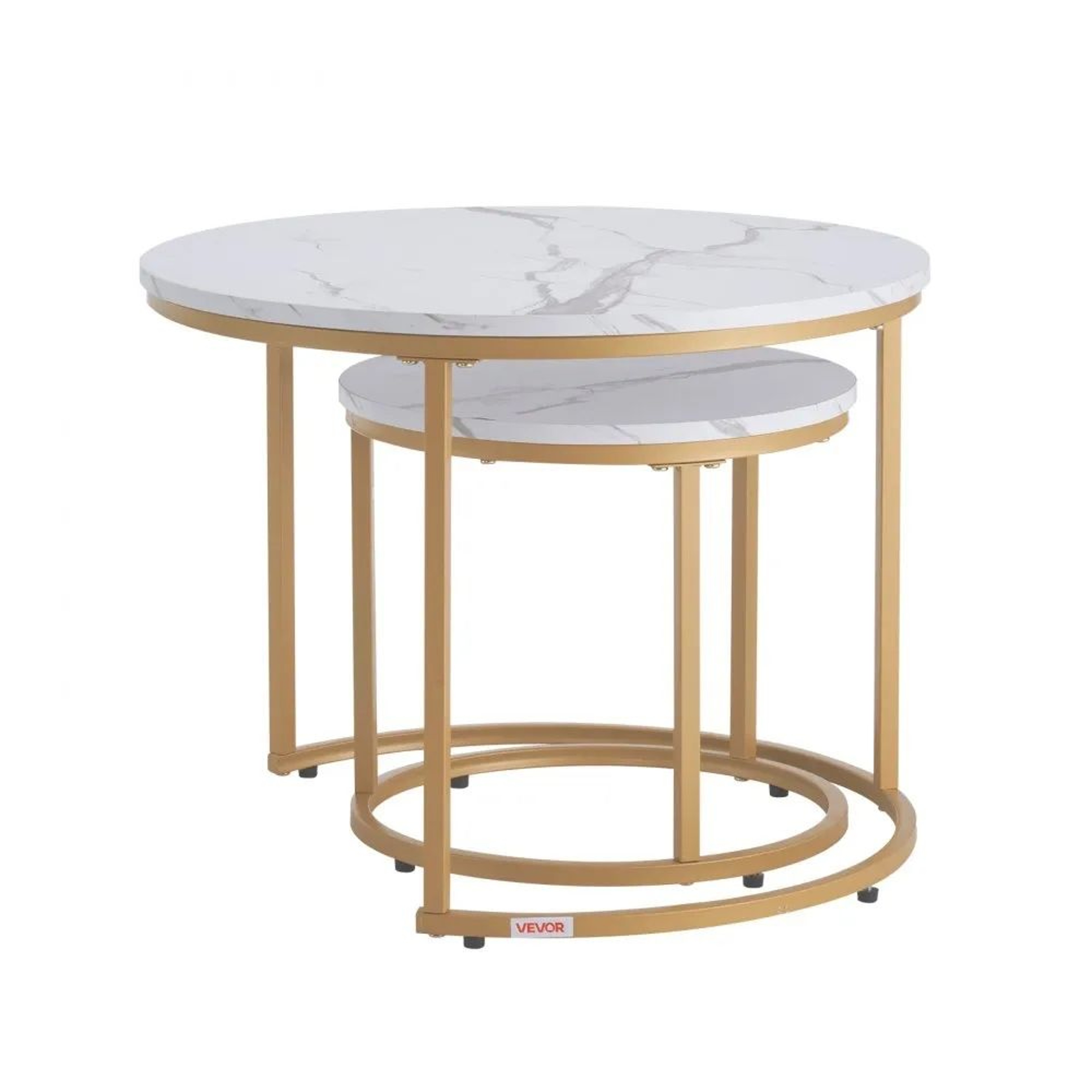 Round Nesting Coffee Table Set Of 2 With White MarblePattern Tops And Gold Metal Frames 6
