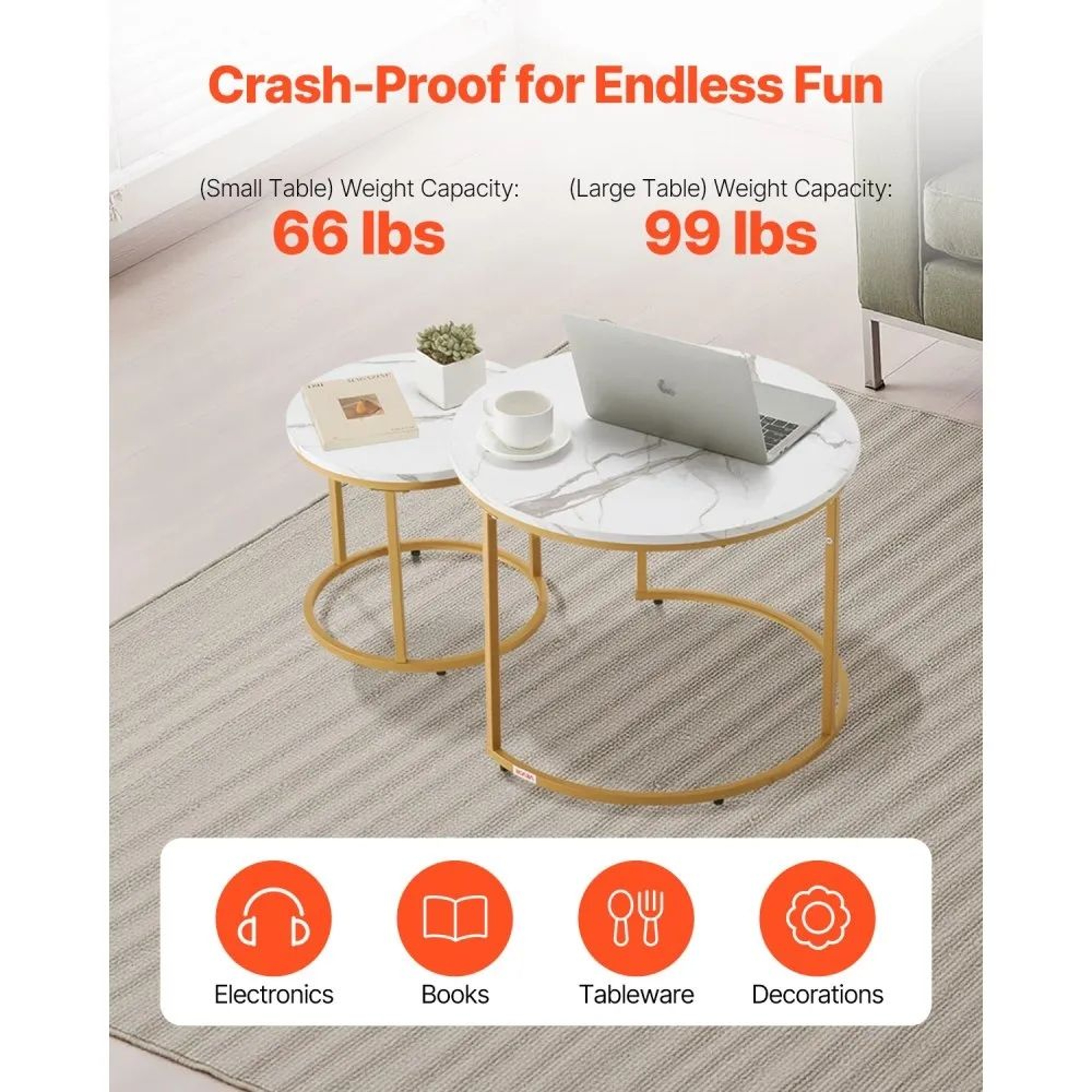 Round Nesting Coffee Table Set Of 2 With White MarblePattern Tops And Gold Metal Frames 1