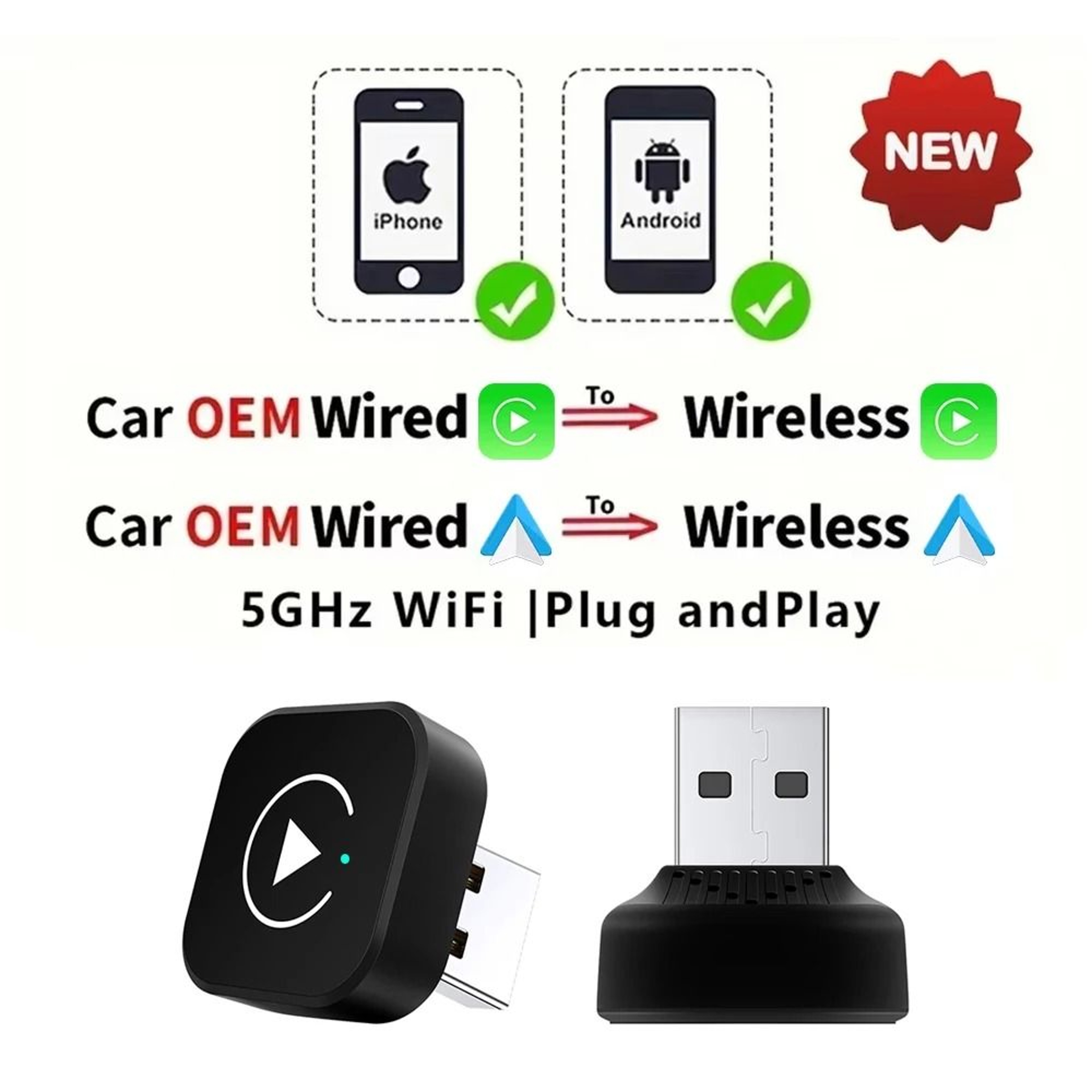 Car Wireless CarPlay And Android Auto Adapter With USB Plug And Play 7