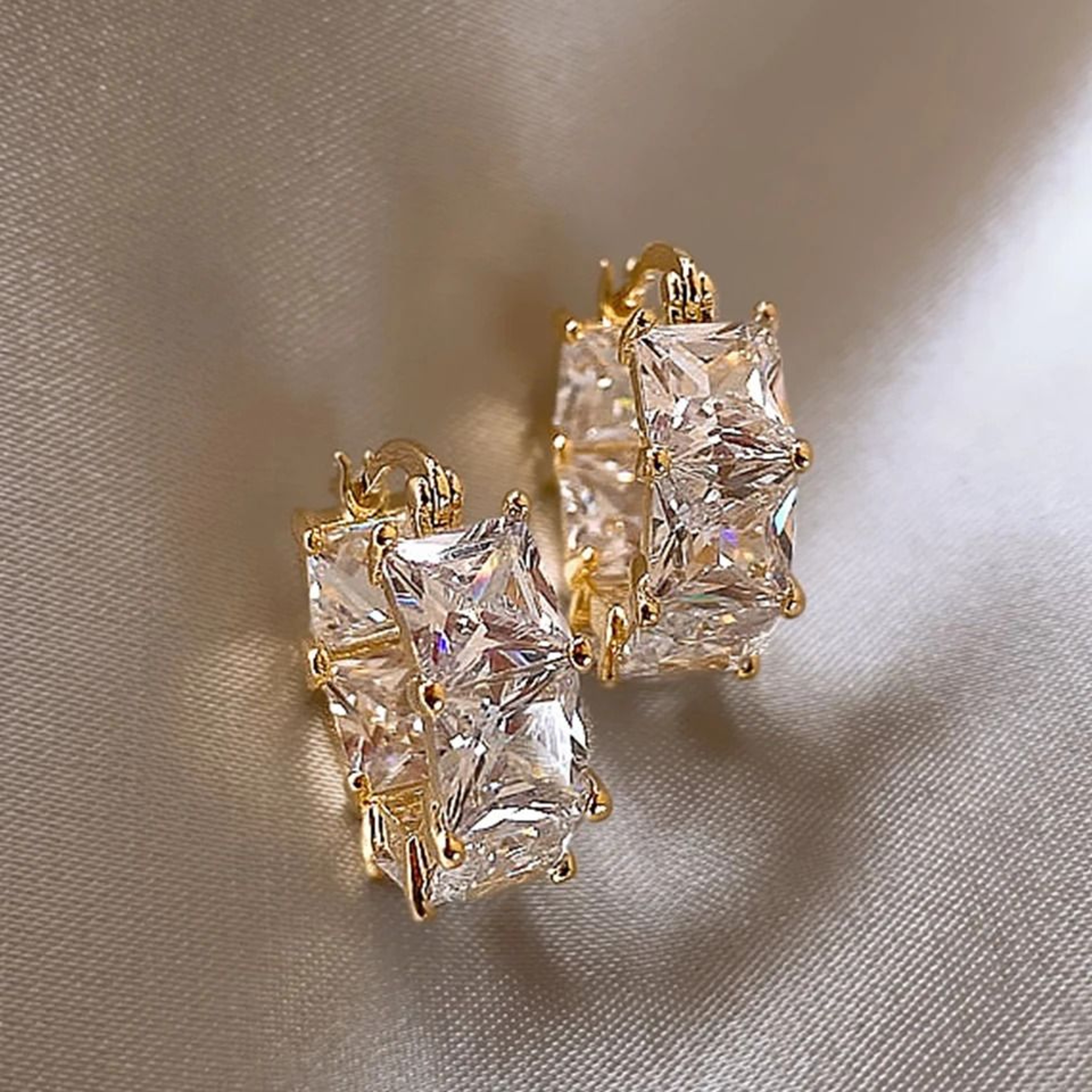 Korean Style Hoop Earrings With Square Crystal Inlay For Women 6