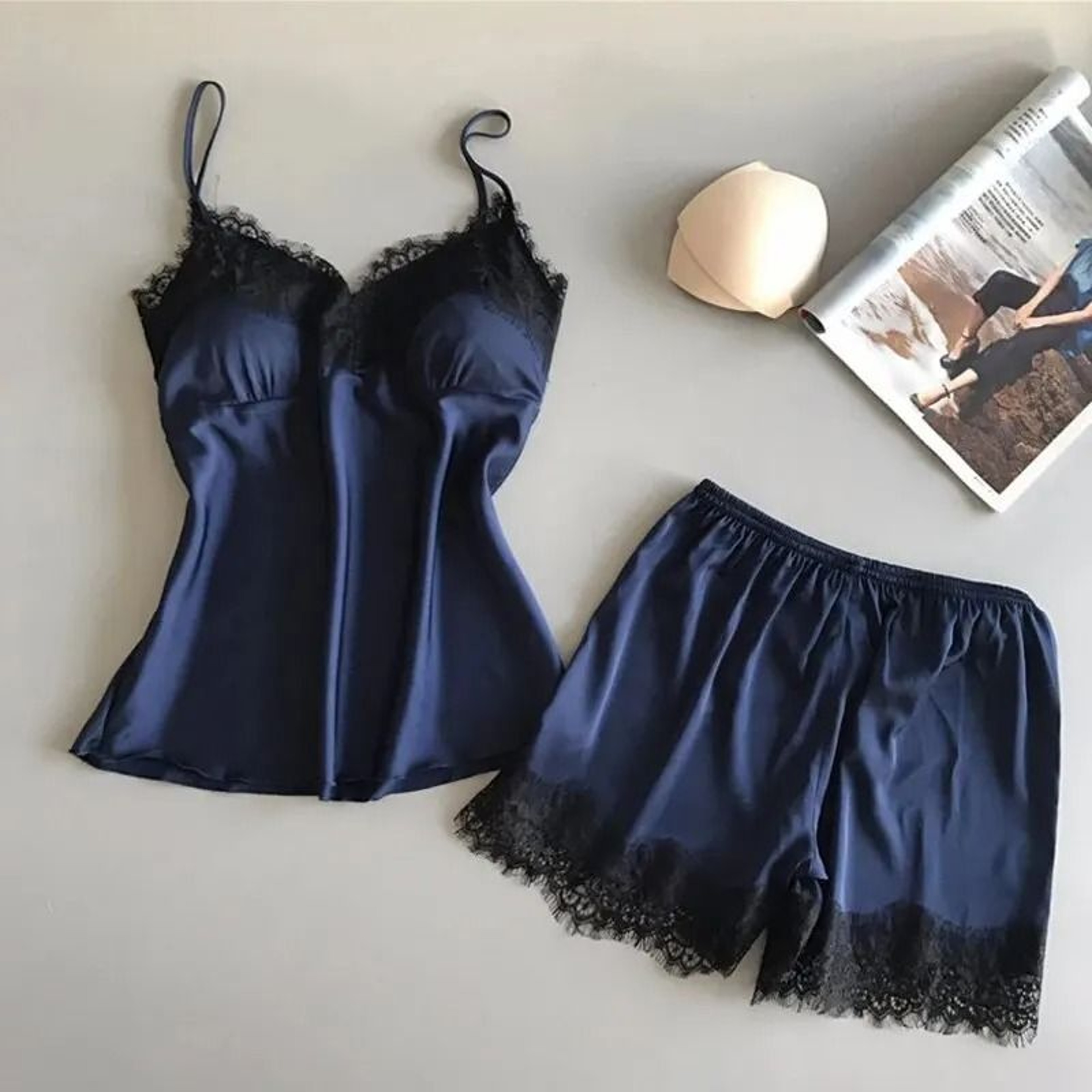 Lace V Neck Pajama Shorts Sleepwear Set 1