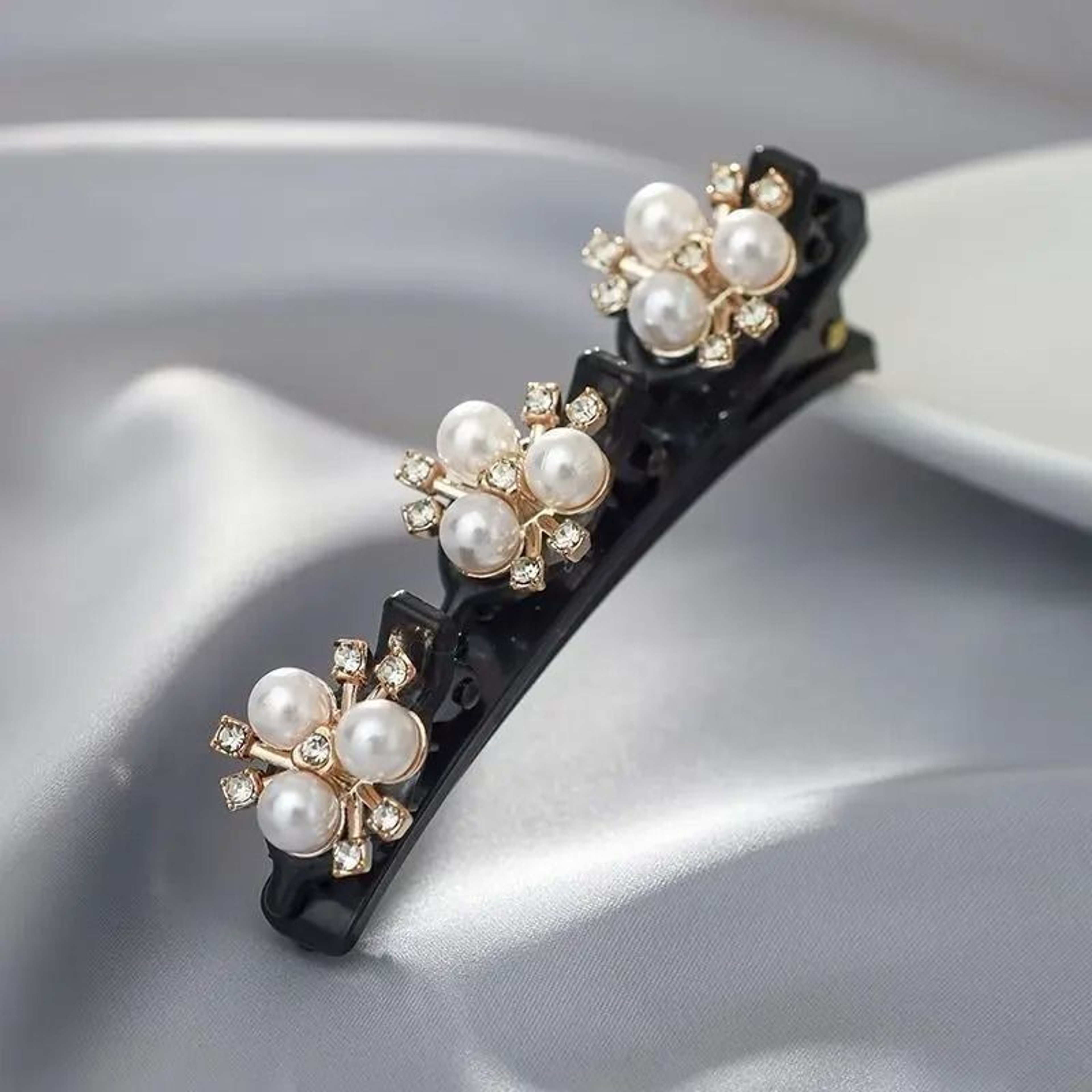 Double Layer Braided Hairclip With Rhinestone And Faux Pearl Accent 9