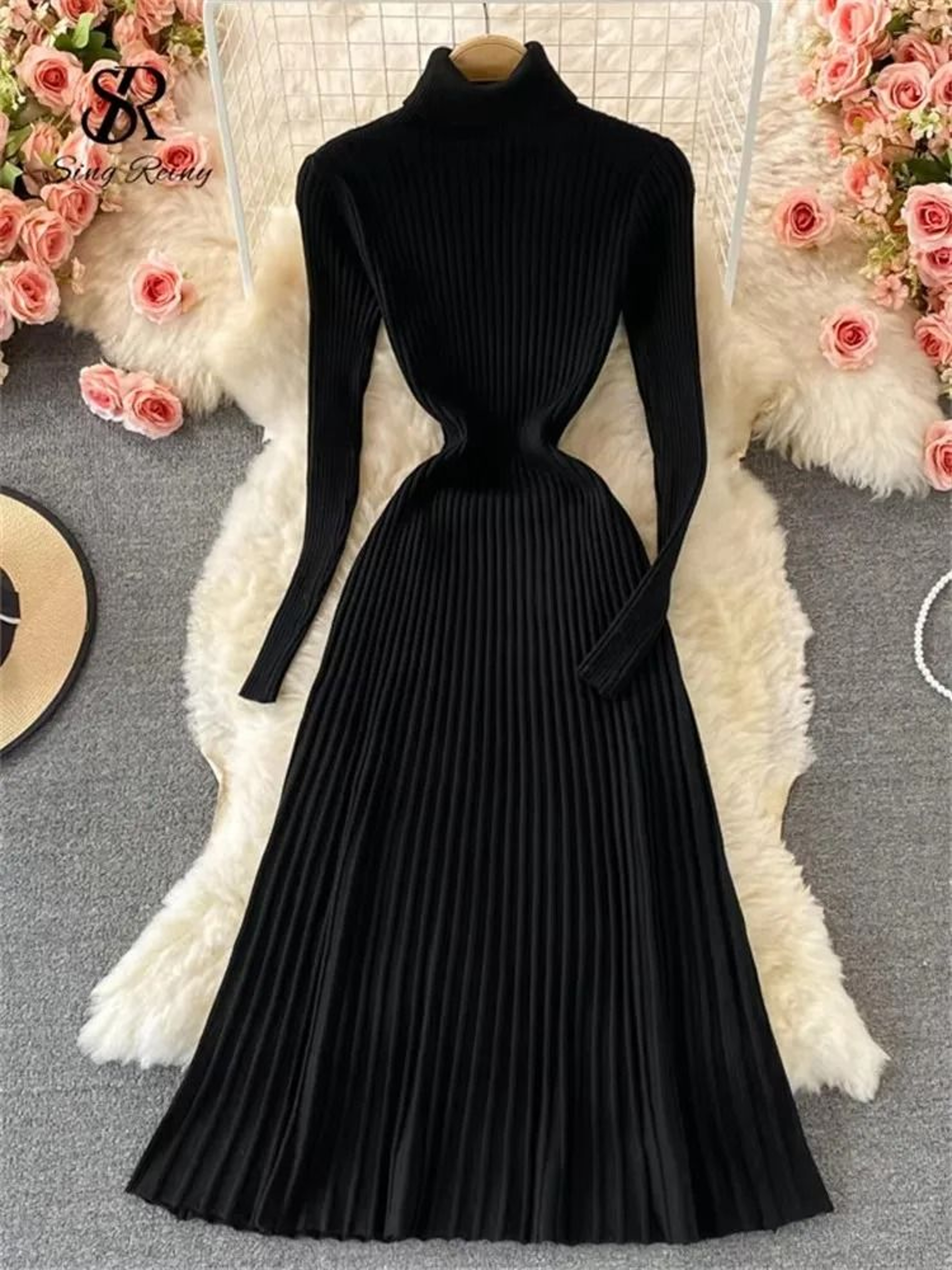 Pleated Knit Slim Bodycon Sweater Dress 1