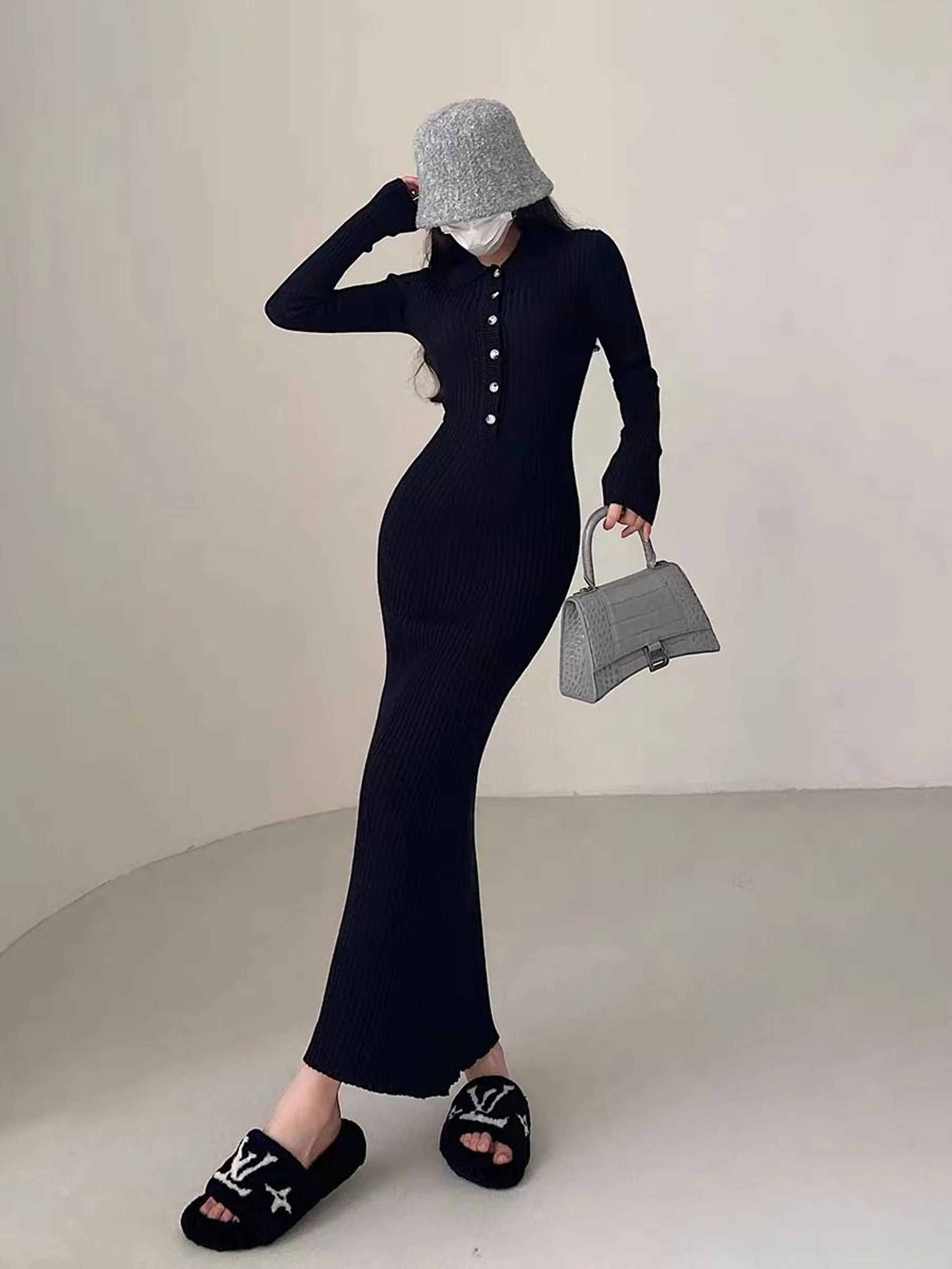 Single Breasted V Neck Fishtail Maternity Knit Dress 1