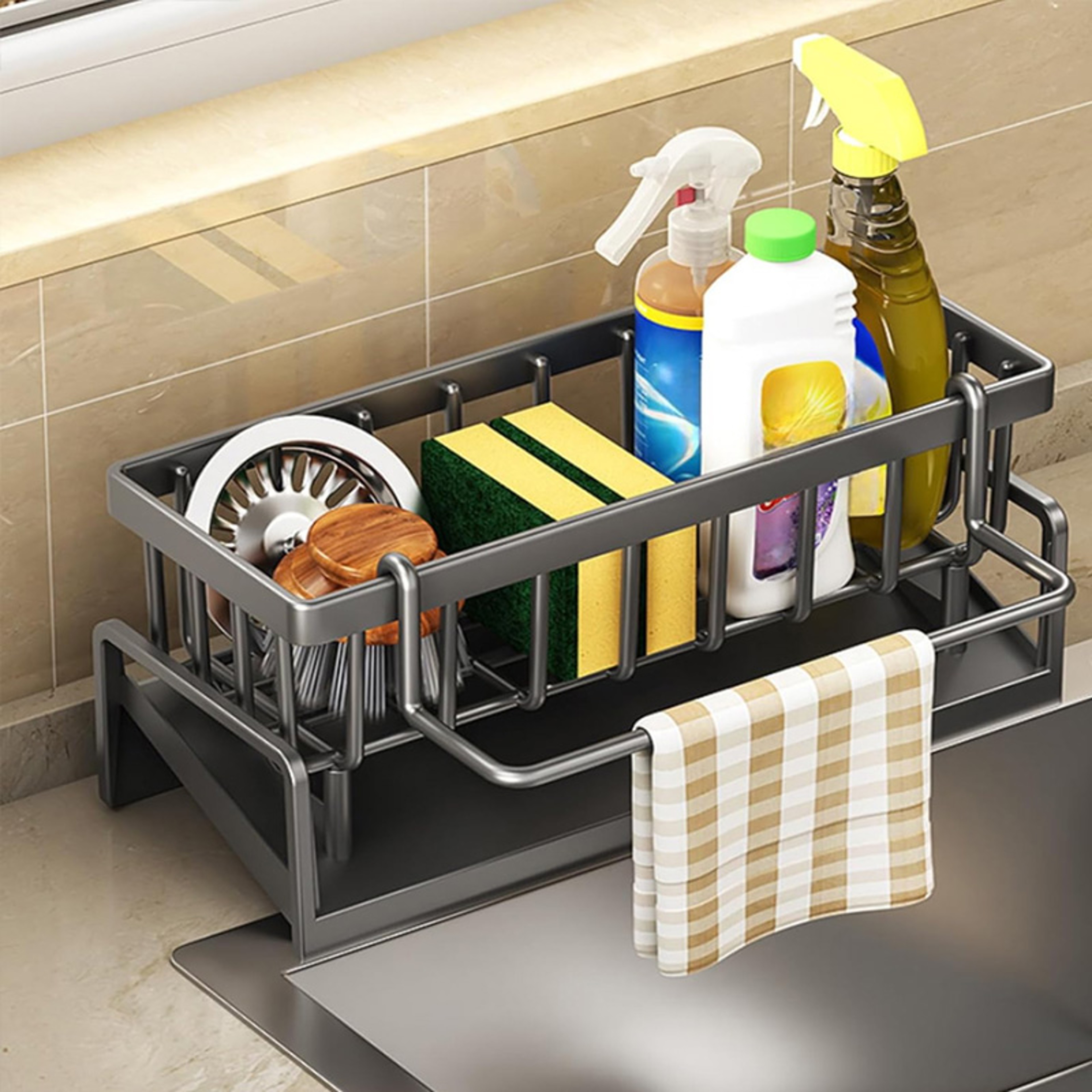 Carbon Steel Kitchen Sink Organizer with Tilted Drain Tray Sponge & Brush Countertop Storage Racks – view 1