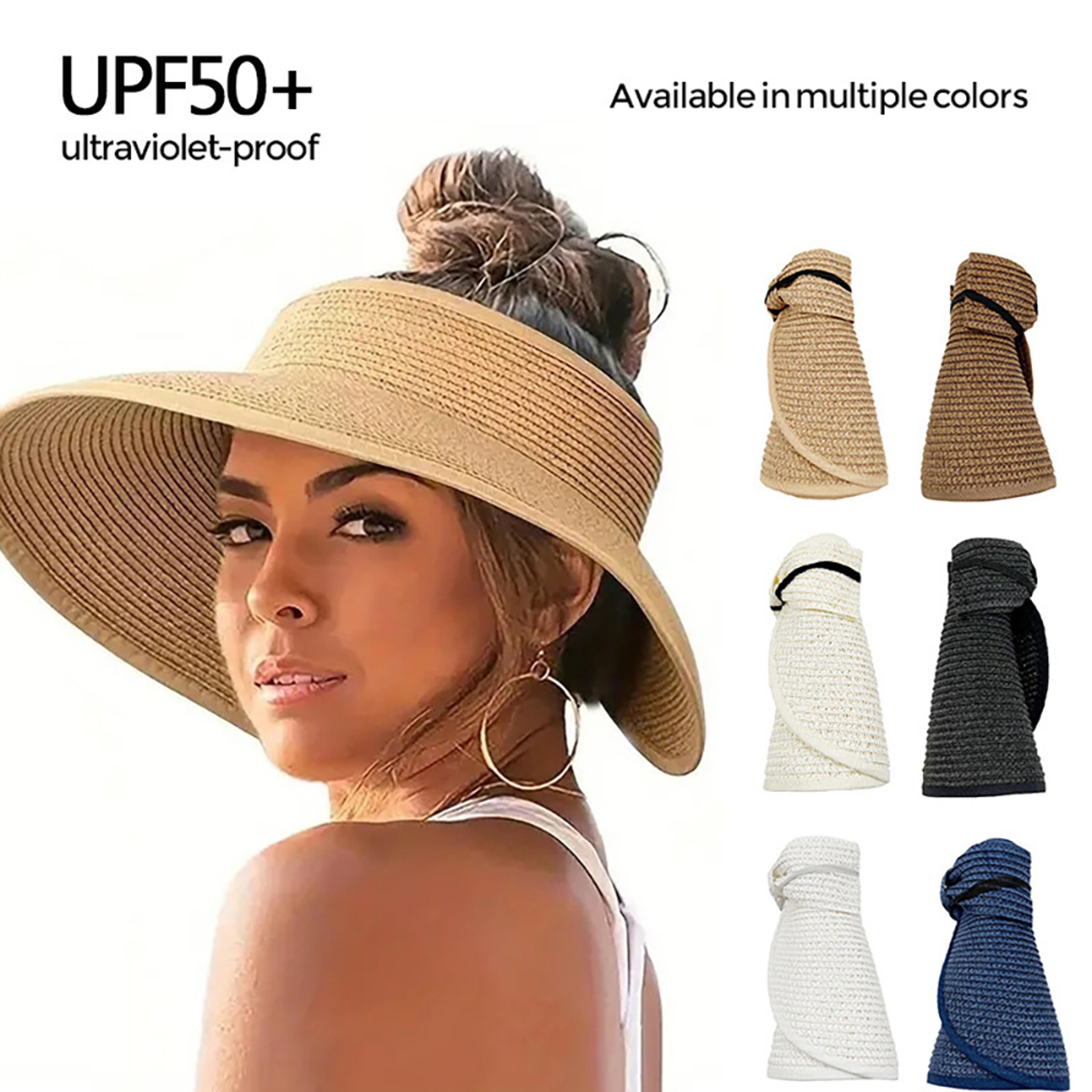 Womens Sun Hat Wide Brim Beach Visor Packable Foldable Ponytail Travel Hat 1