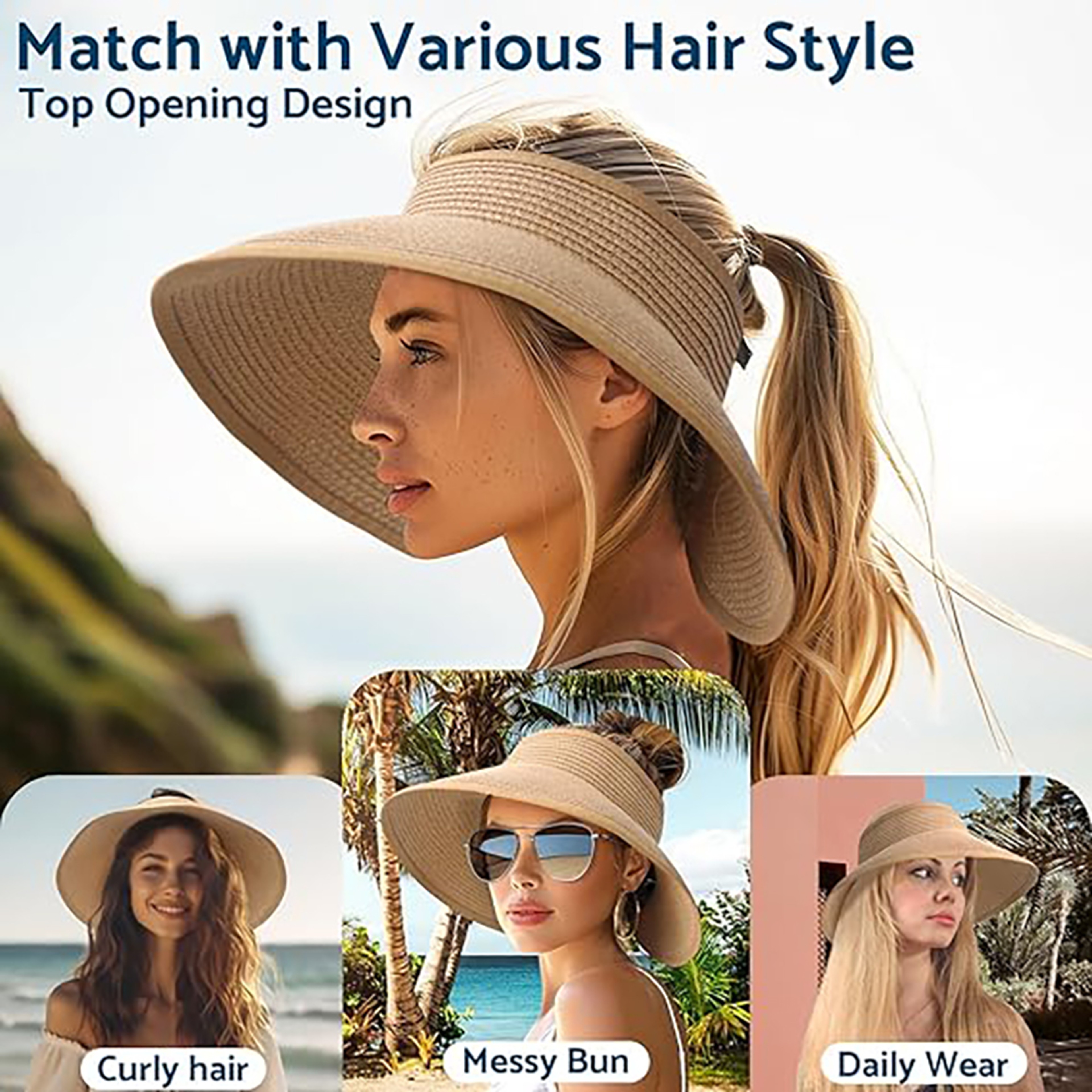 Womens Sun Hat Wide Brim Beach Visor Packable Foldable Ponytail Travel Hat 3
