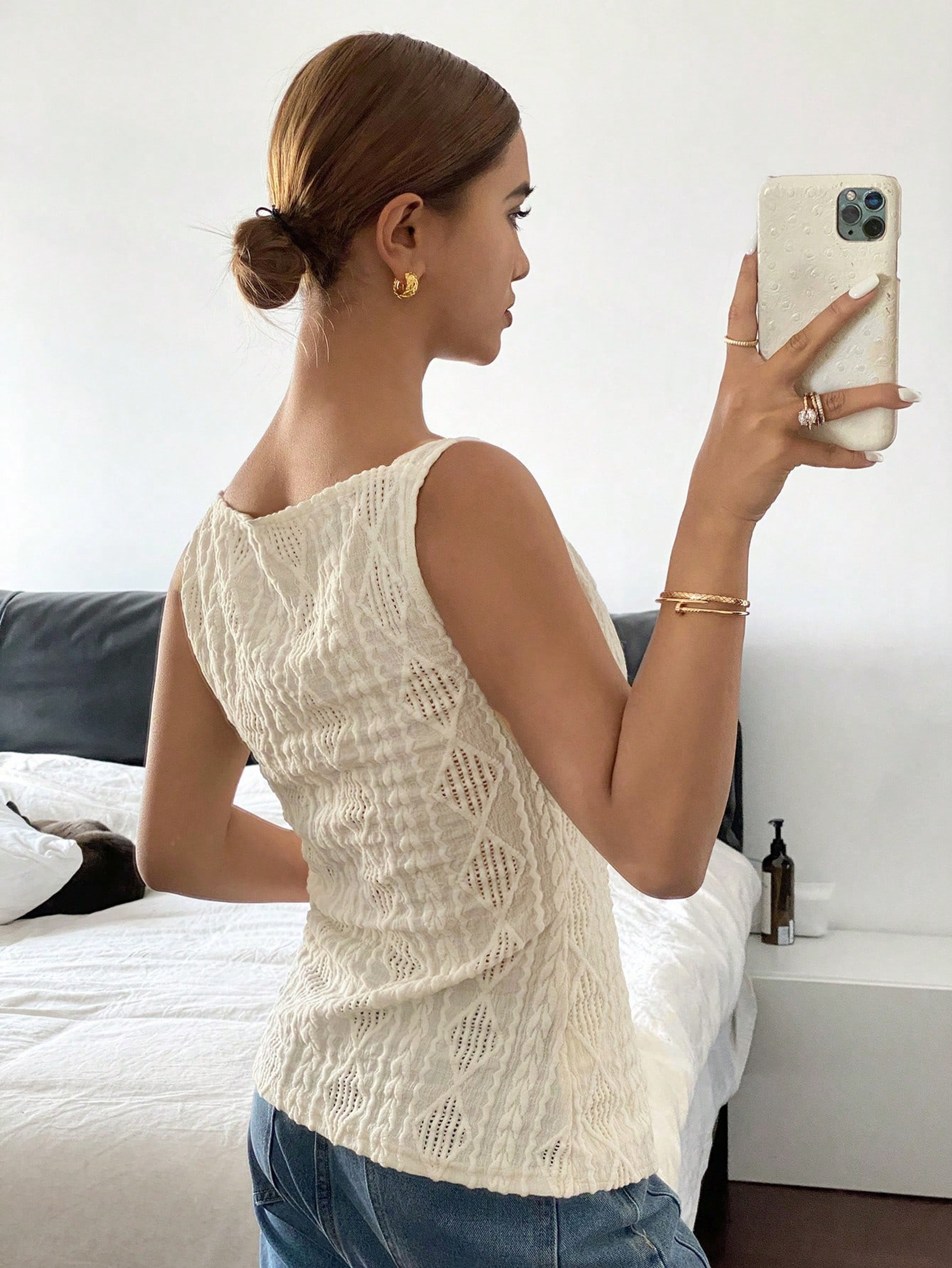 Textured Button Front Sleeveless Summer Blouse For Women Casual Lightweight Top 1