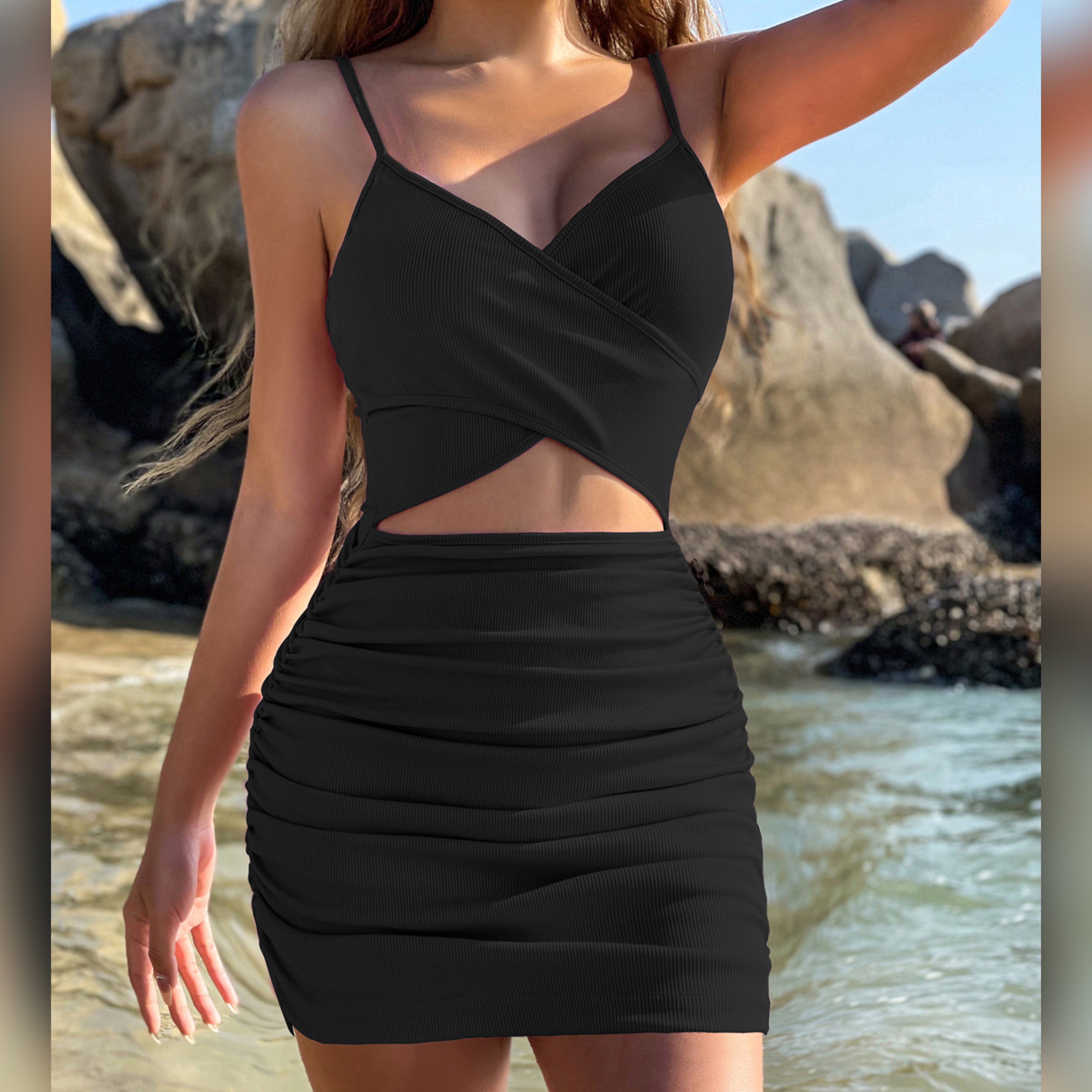 Black Bodycon Halter Neck Cut Out Summer Party Dress For Women 5