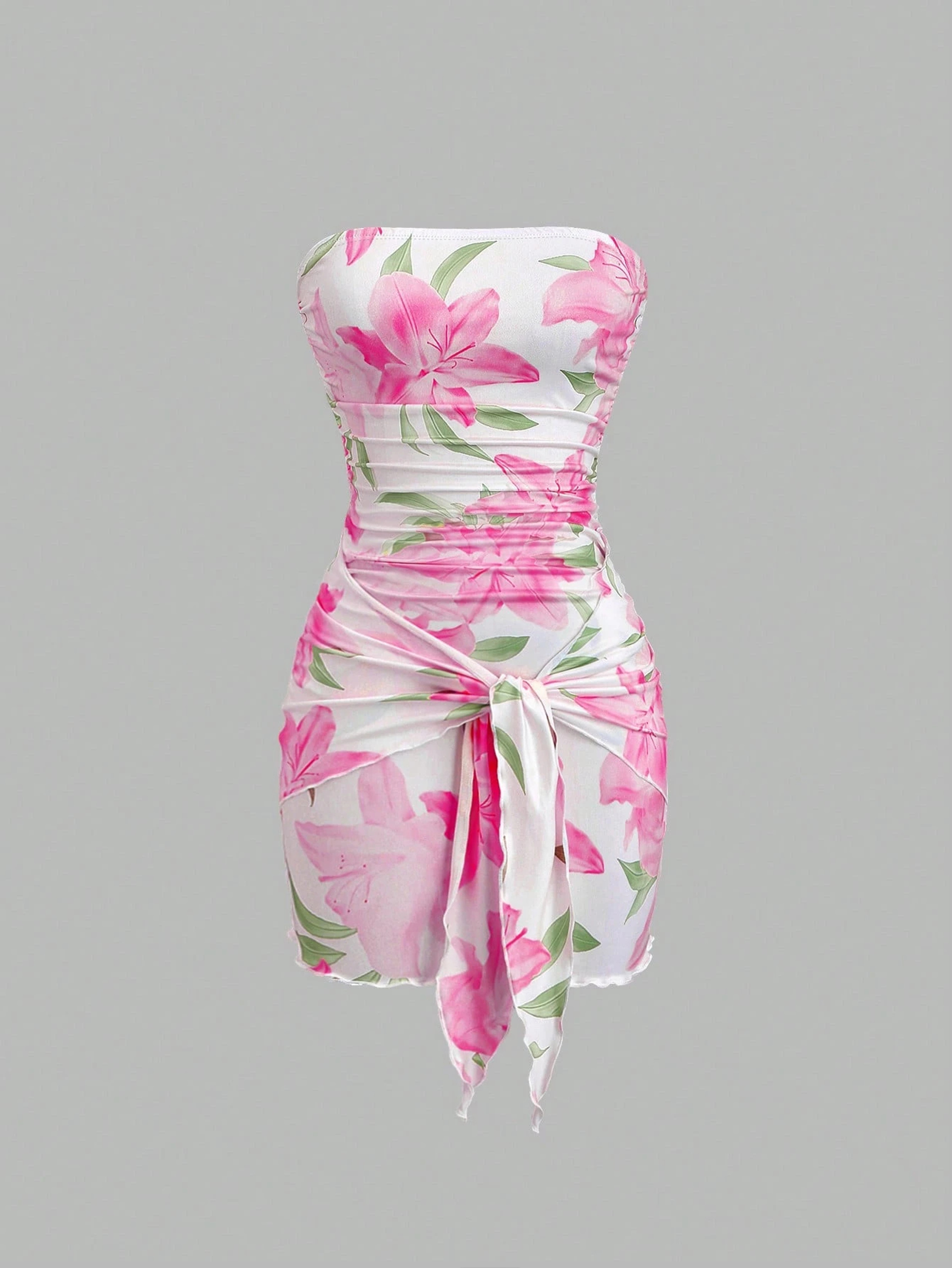 Strapless Floral Dress For Women With Lily Print Waist Tie  Bodycon Mini Fit 0