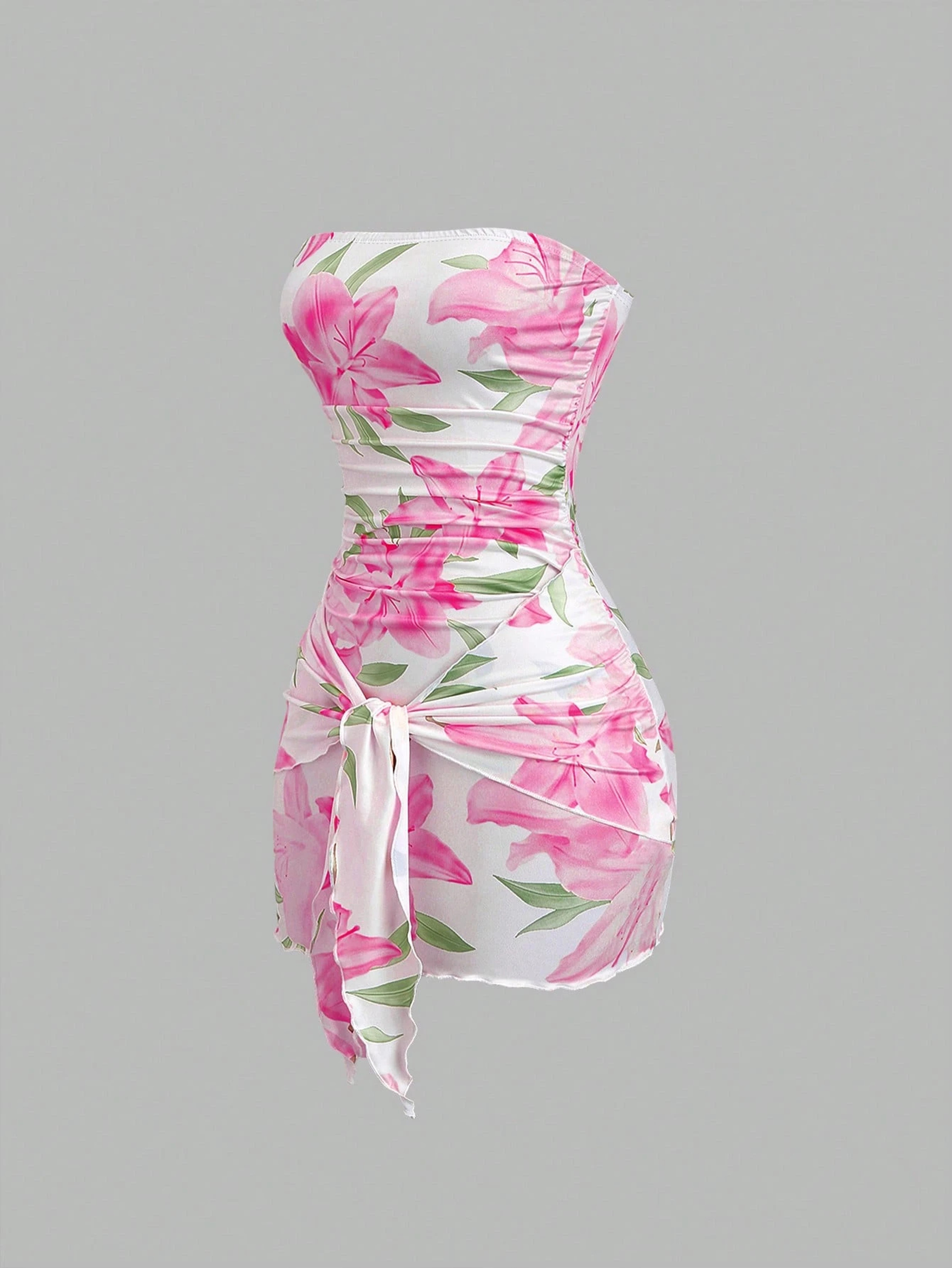 Strapless Floral Dress For Women With Lily Print Waist Tie  Bodycon Mini Fit 4