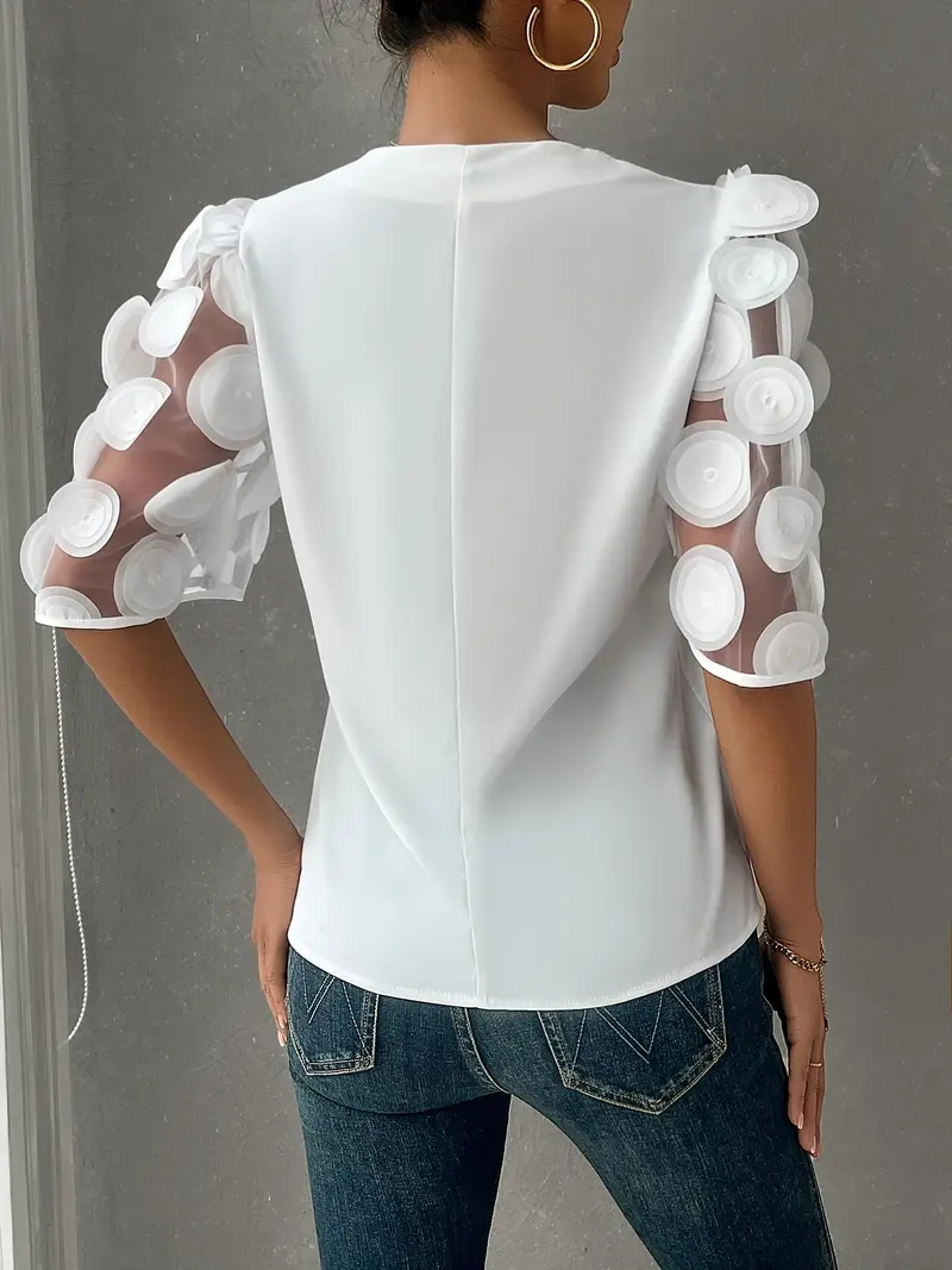 Elegant Womens V Neck Party Blouse With Sheer Puff Sleeves  Applique Details 1