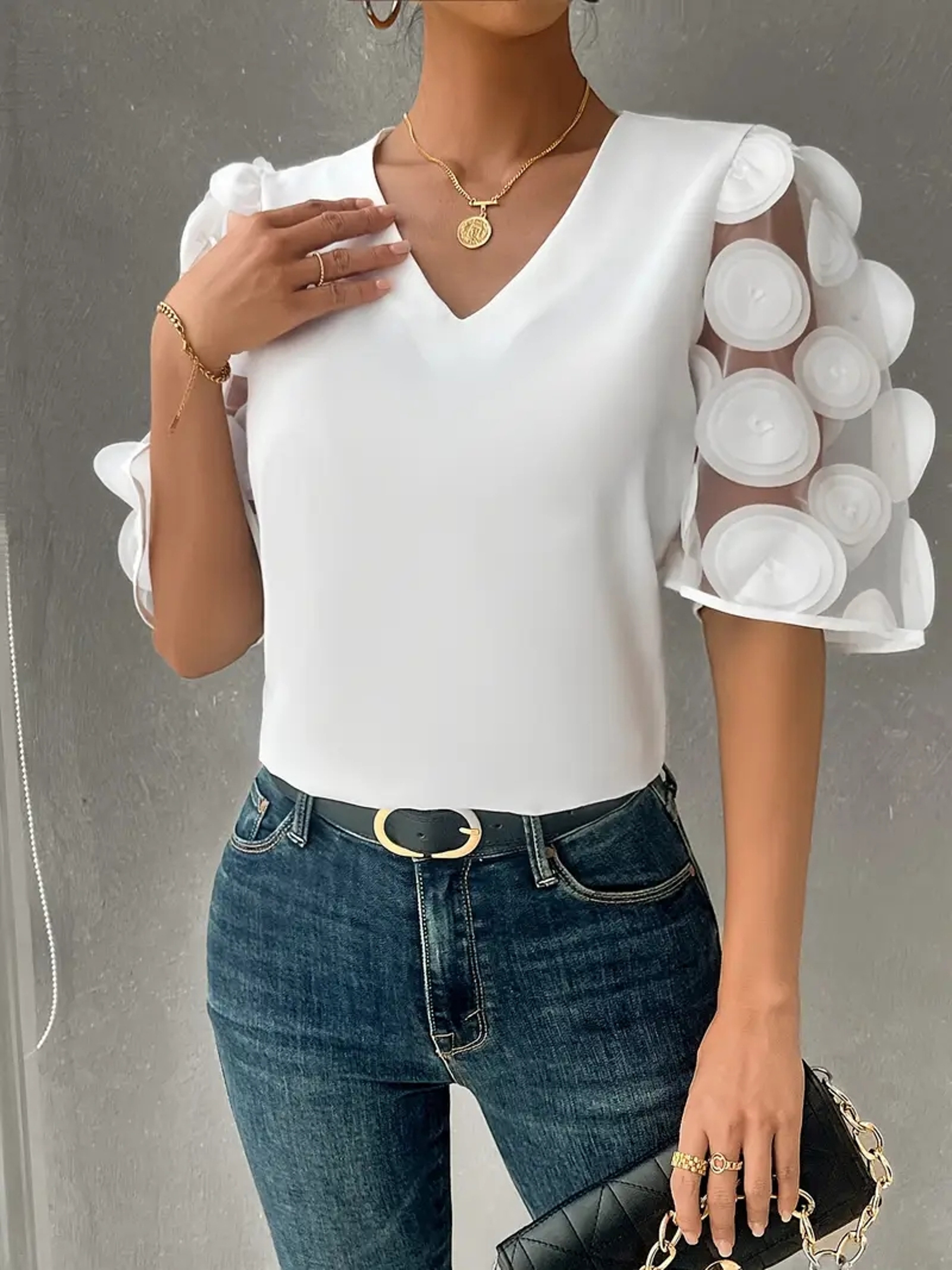 Elegant Womens V Neck Party Blouse With Sheer Puff Sleeves  Applique Details 2
