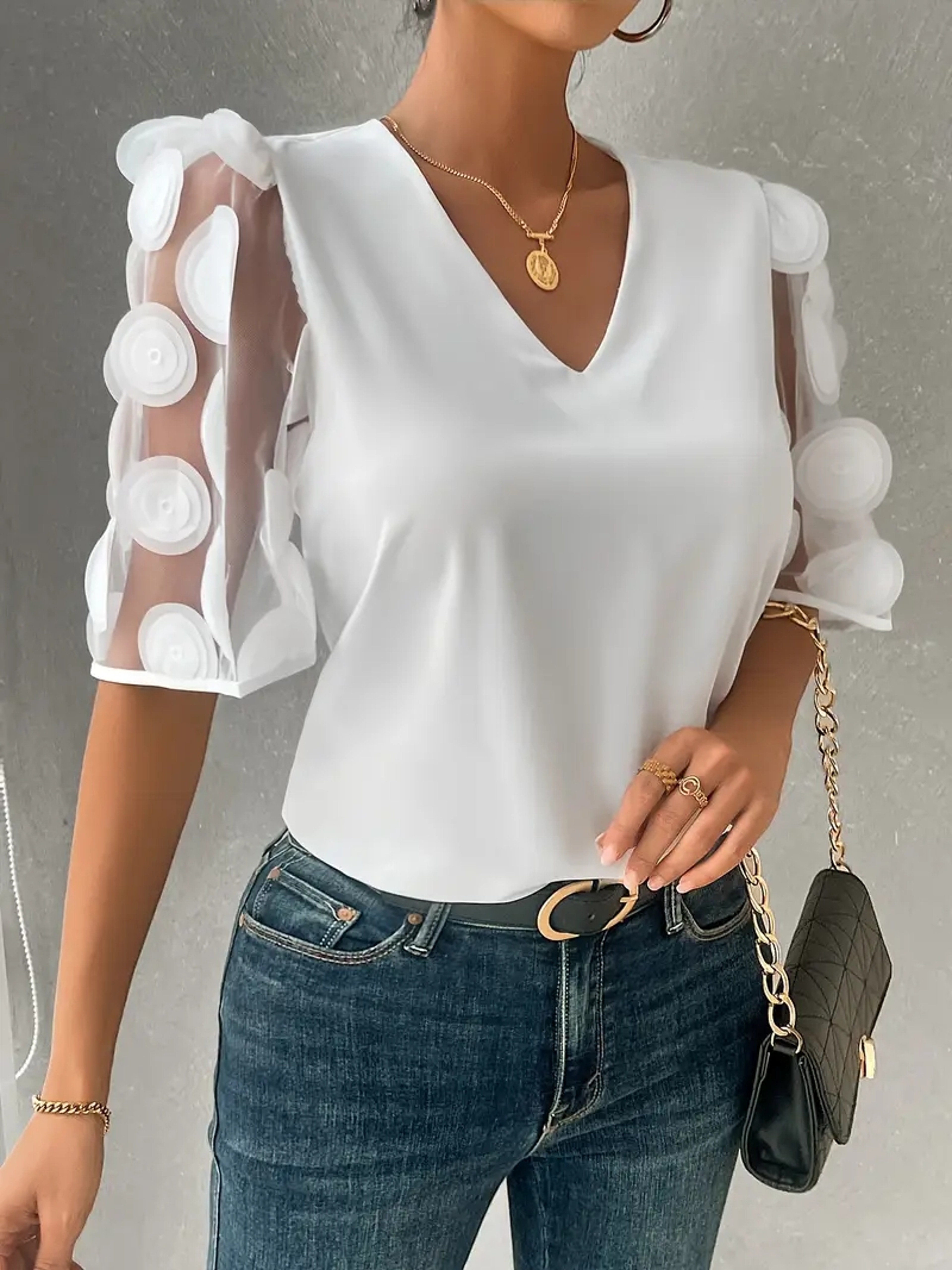 Elegant Womens V Neck Party Blouse With Sheer Puff Sleeves  Applique Details 5