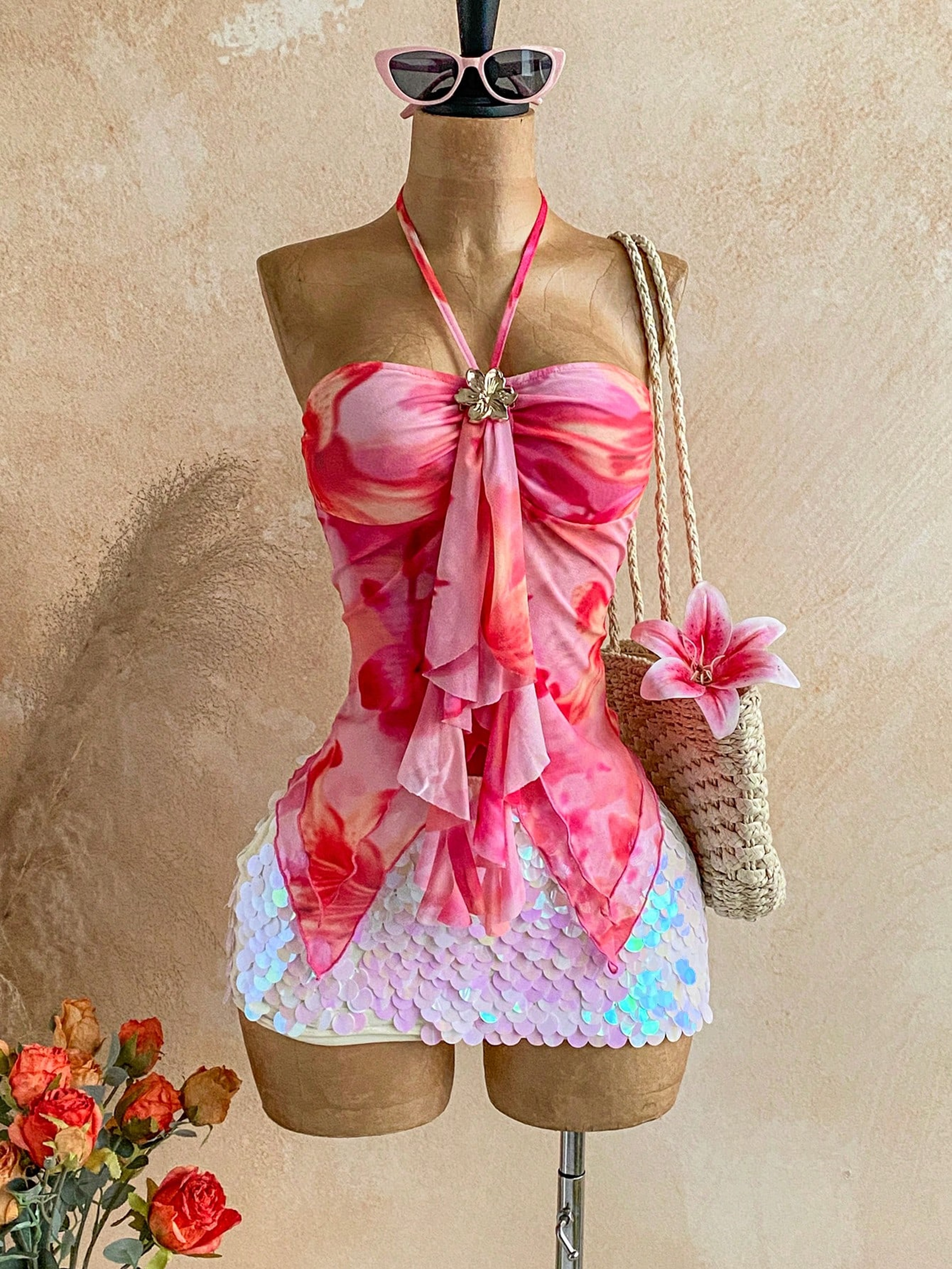 Floral Halter Tie Neck Off Shoulder Blouse For Women Summer Vacation Camisole 1
