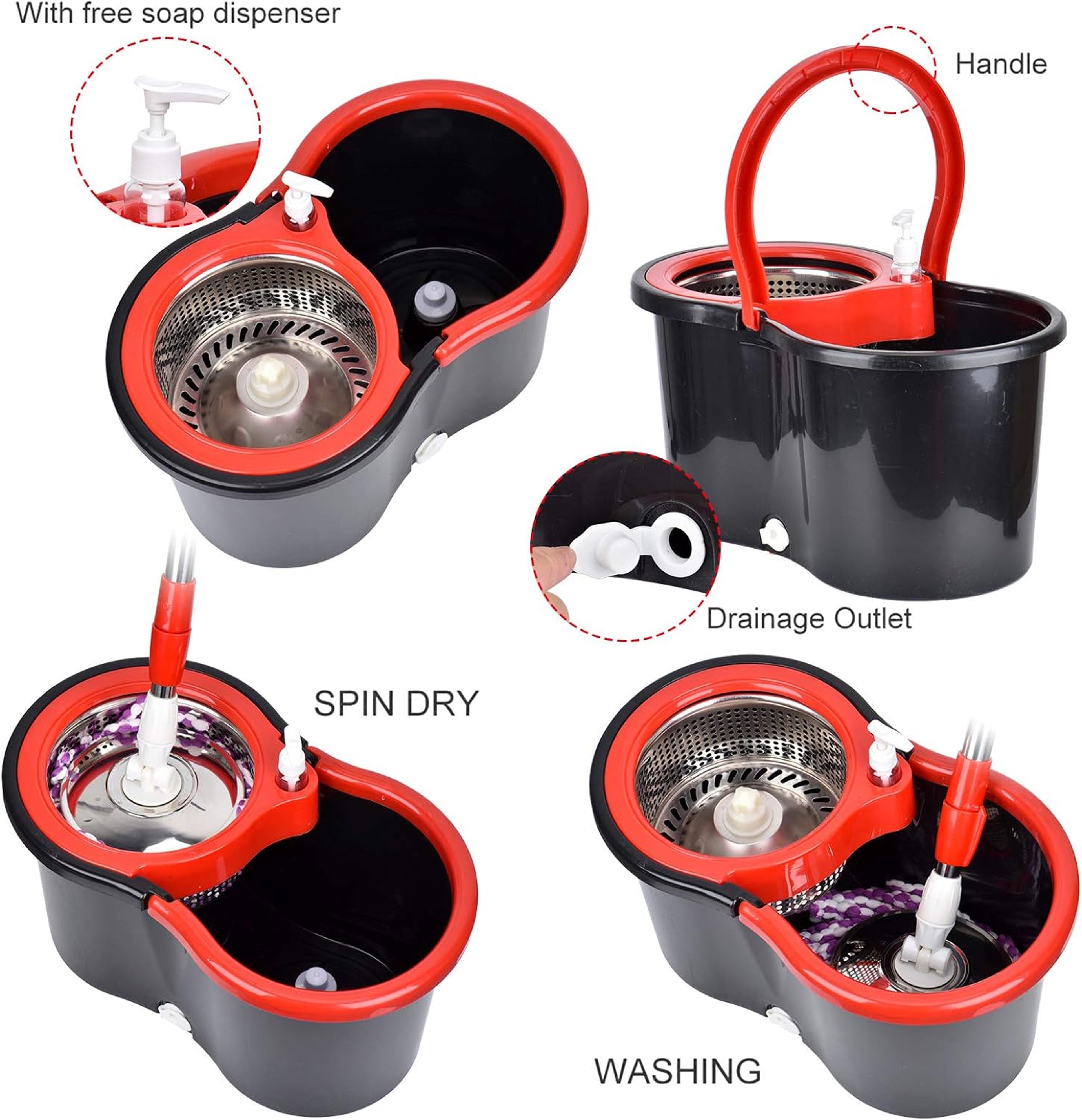 Spin Mop And Bucket With Wringer Microfiber Heads  Stainless Steel Handle 3