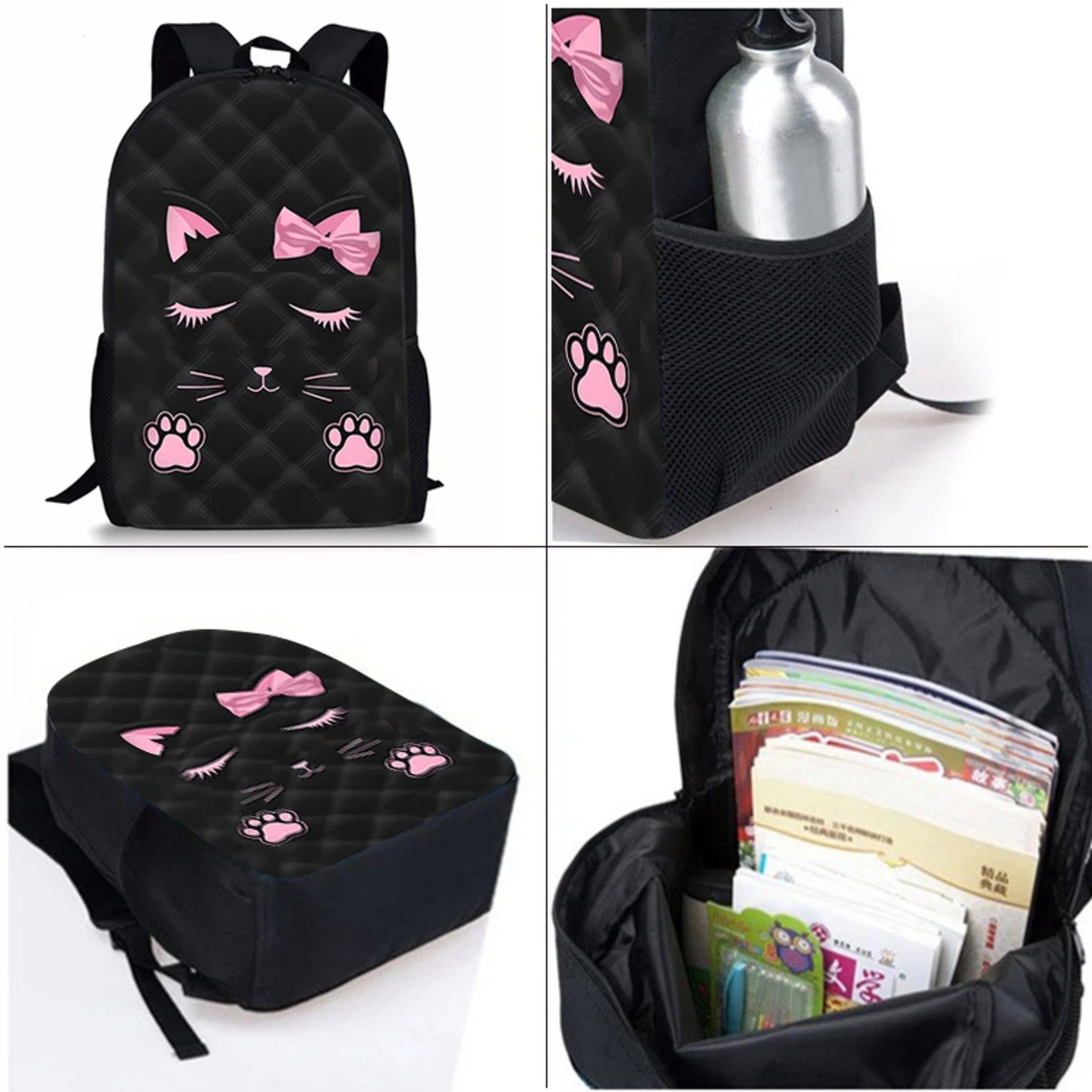 Pink Cat Kids Backpack Set For Back To School Cartoon School Backpack With Lunch Bag  Pencil Case 3