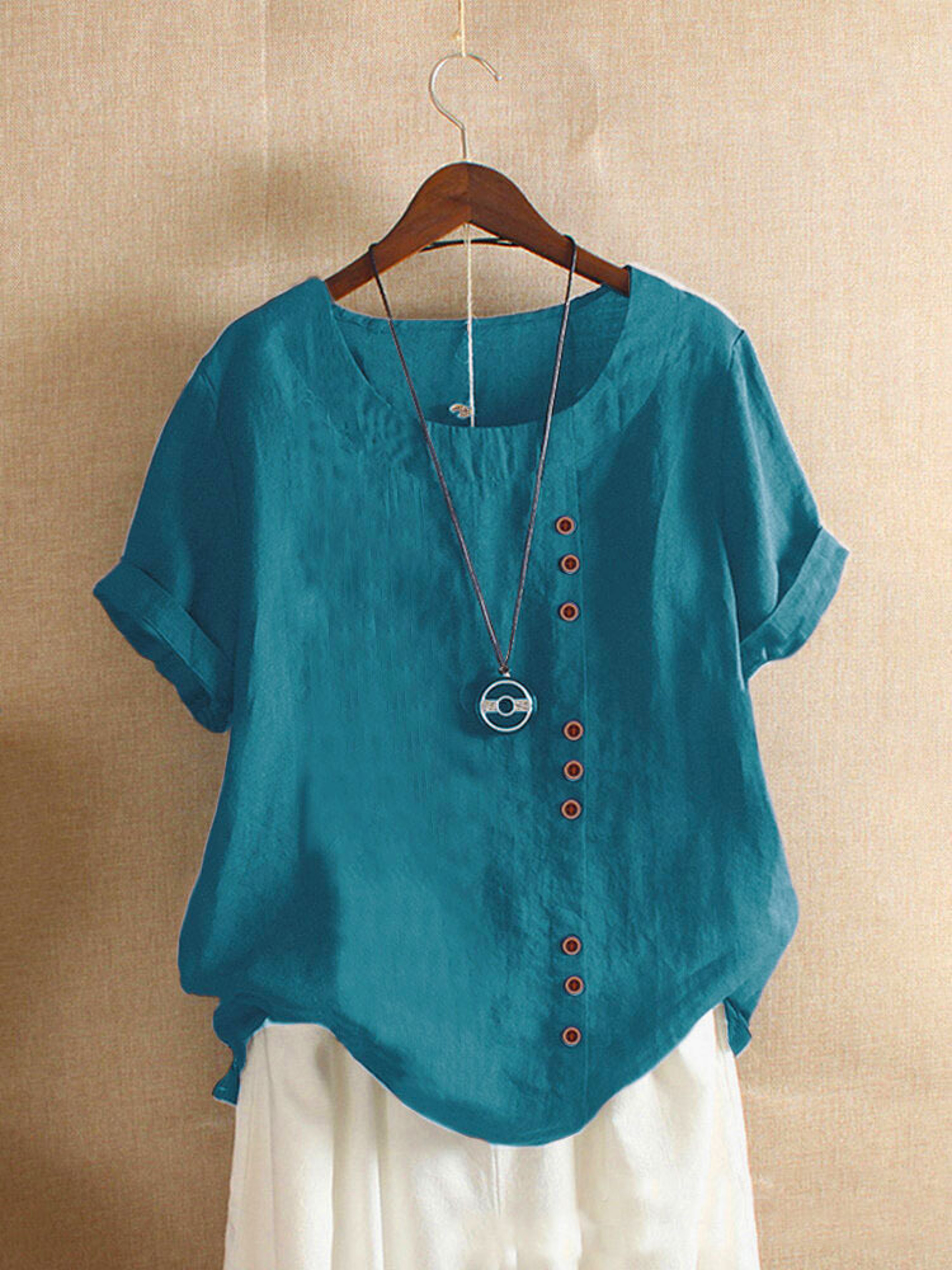 Vintage Harajuku Button T Shirt Linen Casual Short Sleeve Loose Blouse 0
