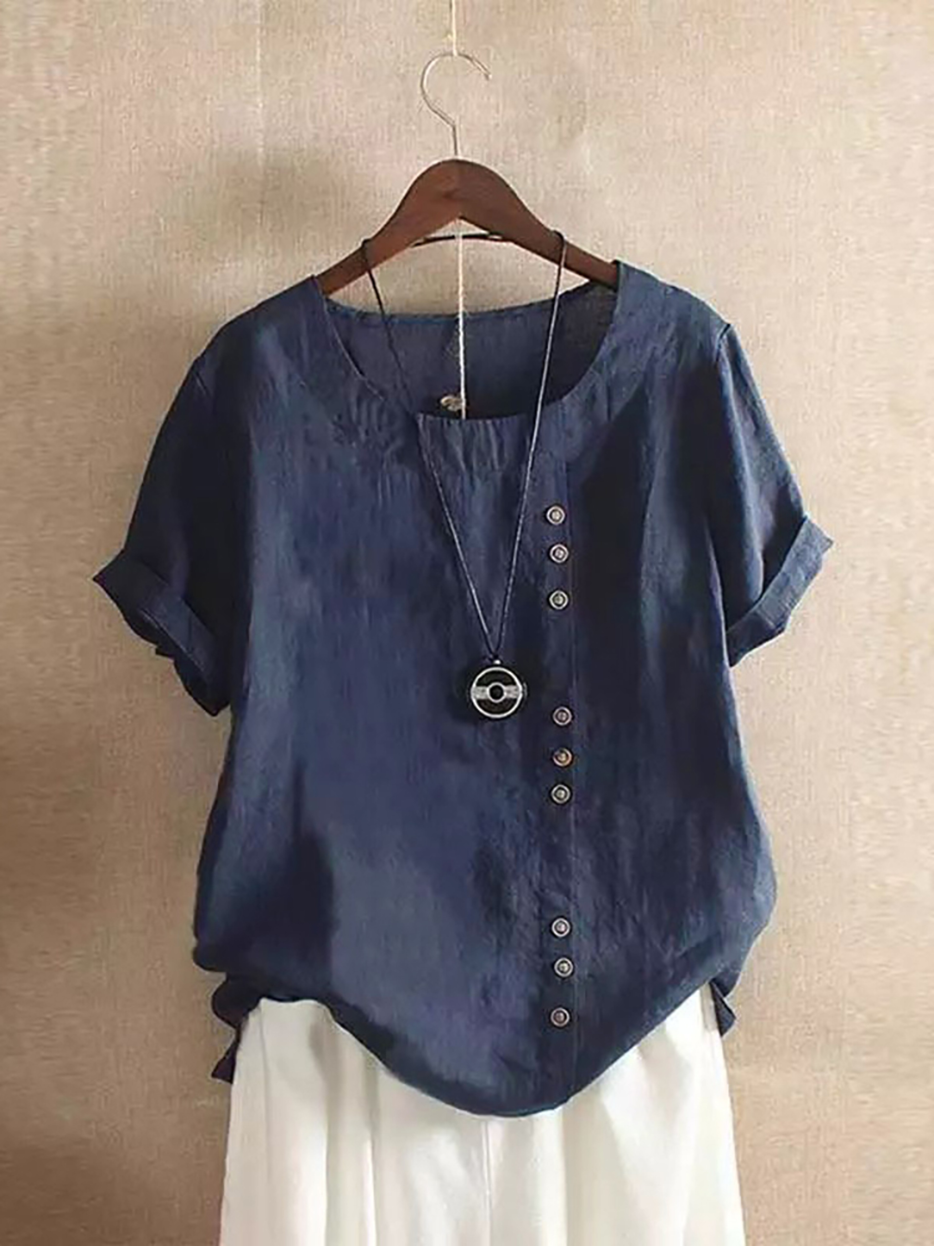 Vintage Harajuku Button T Shirt Linen Casual Short Sleeve Loose Blouse 2
