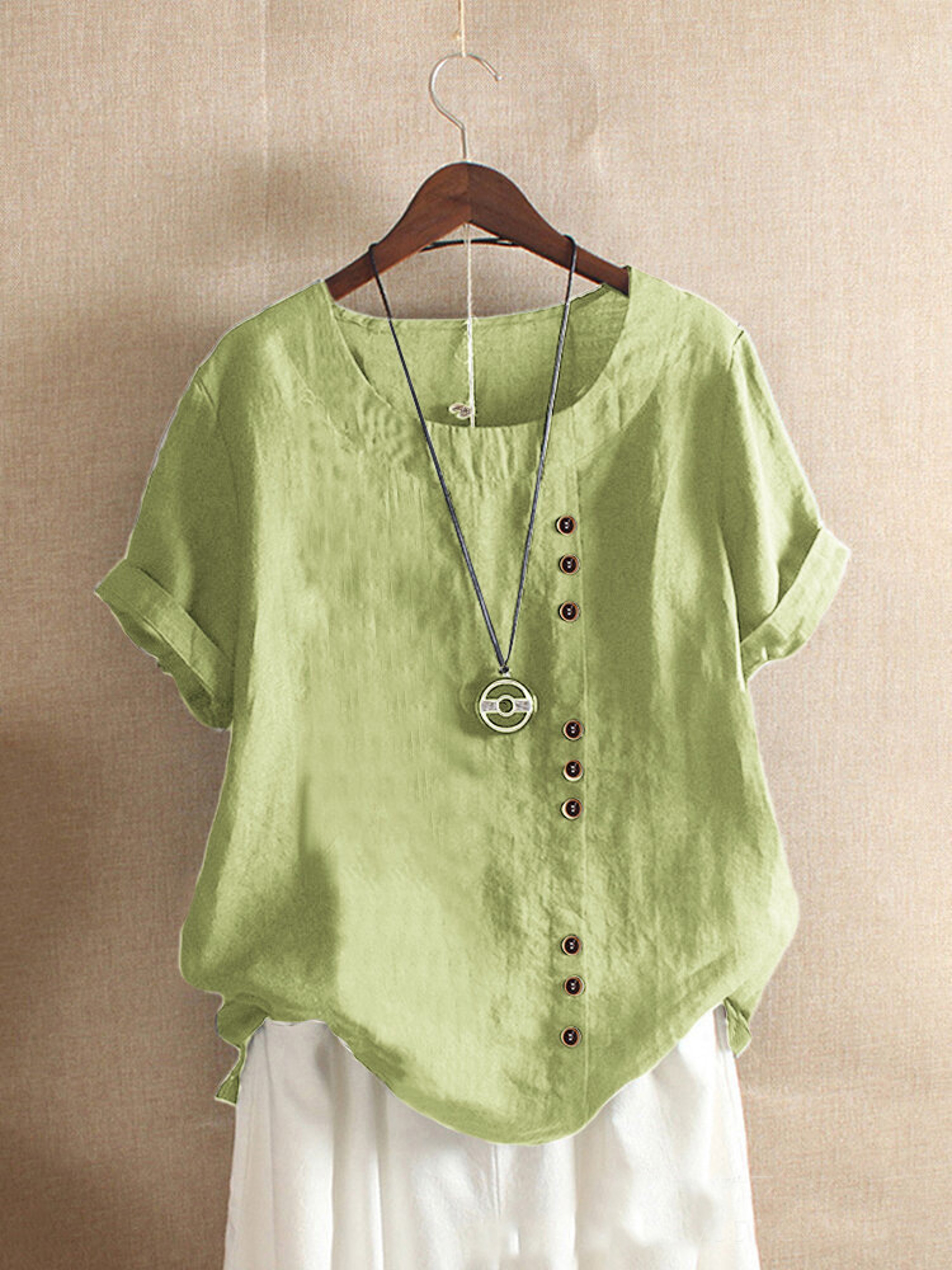 Vintage Harajuku Button T Shirt Linen Casual Short Sleeve Loose Blouse 3