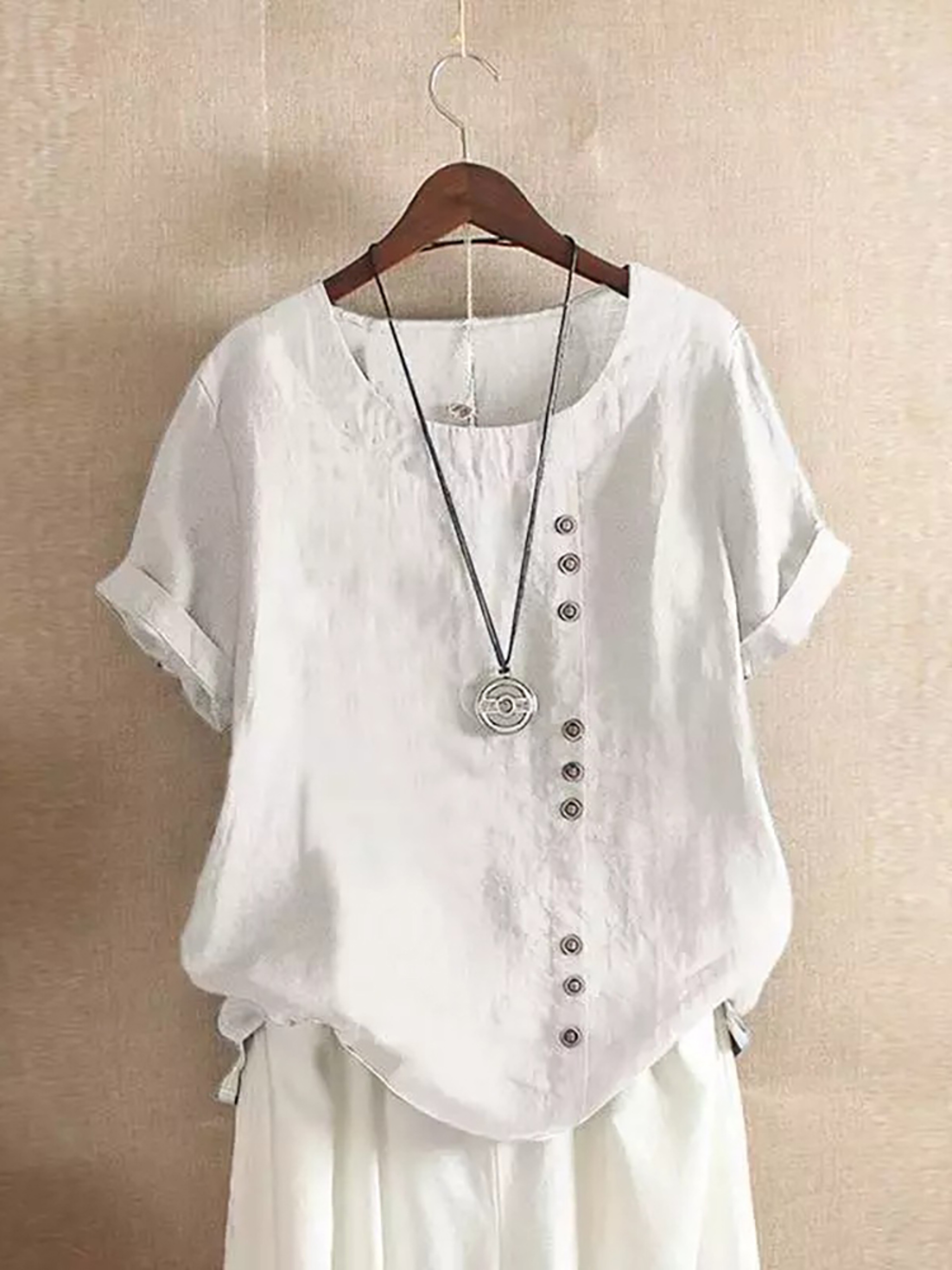 Vintage Harajuku Button T Shirt Linen Casual Short Sleeve Loose Blouse 4