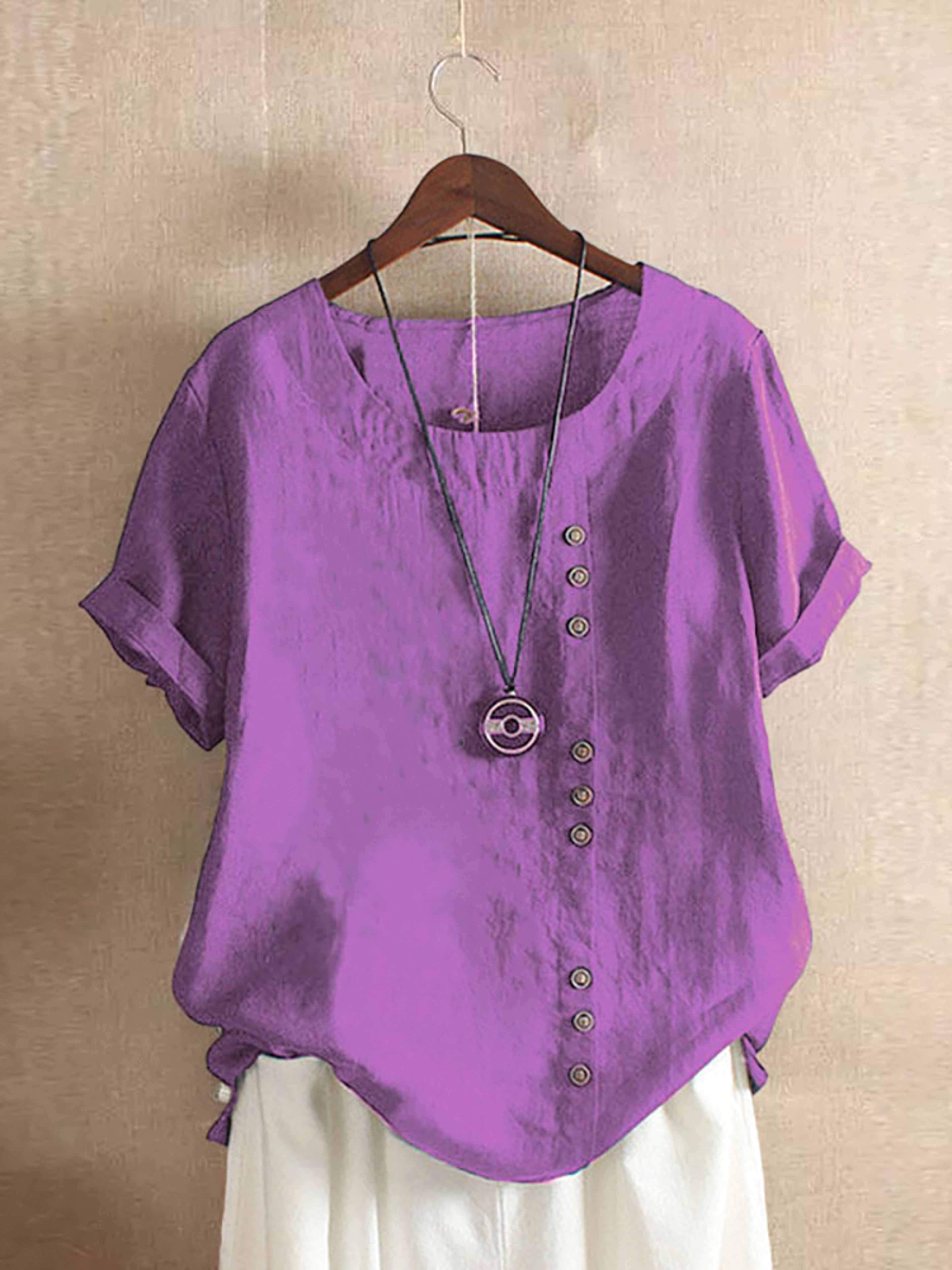 Vintage Harajuku Button T Shirt Linen Casual Short Sleeve Loose Blouse 5