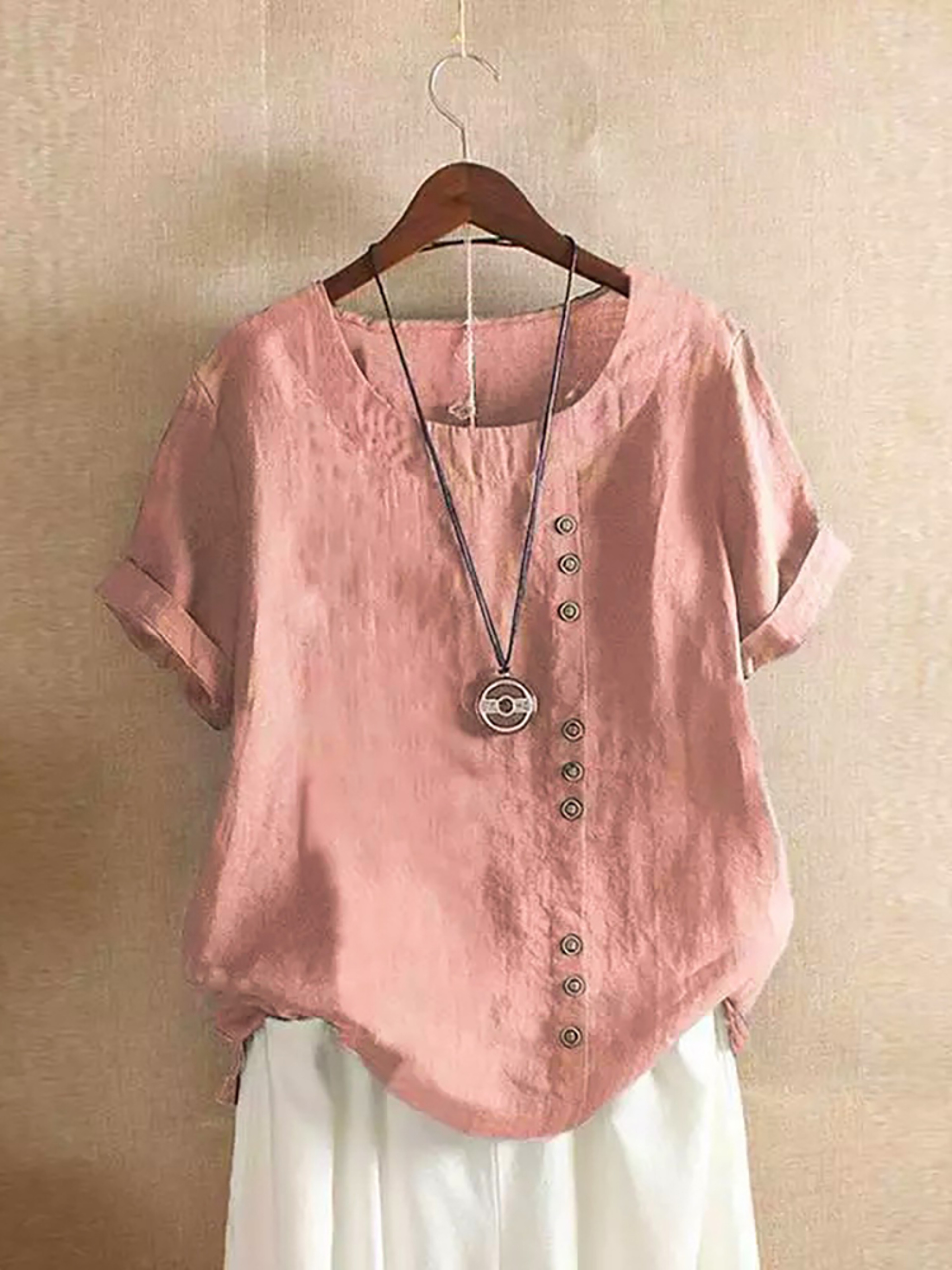 Vintage Harajuku Button T Shirt Linen Casual Short Sleeve Loose Blouse 6