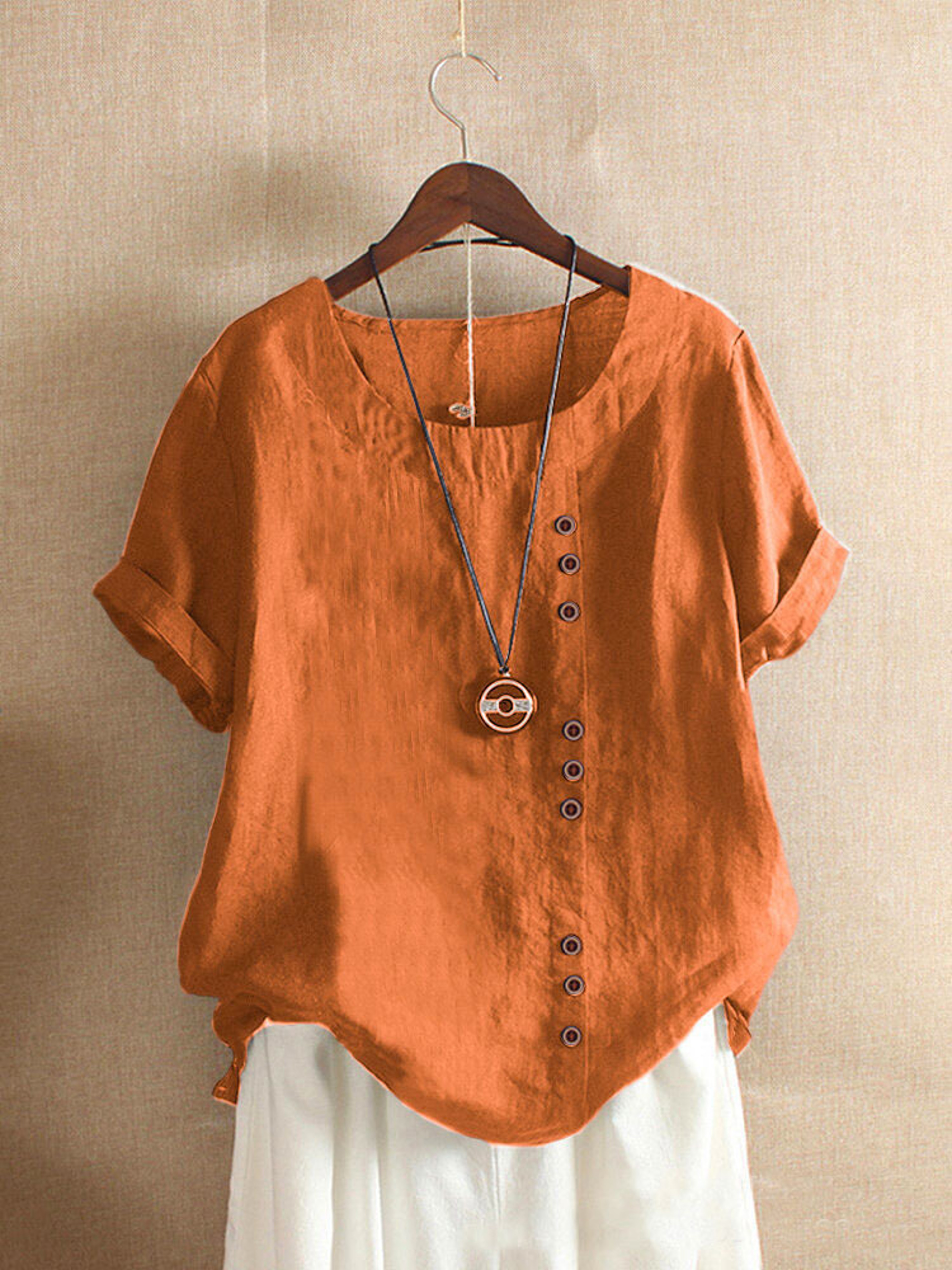 Vintage Harajuku Button T Shirt Linen Casual Short Sleeve Loose Blouse 7