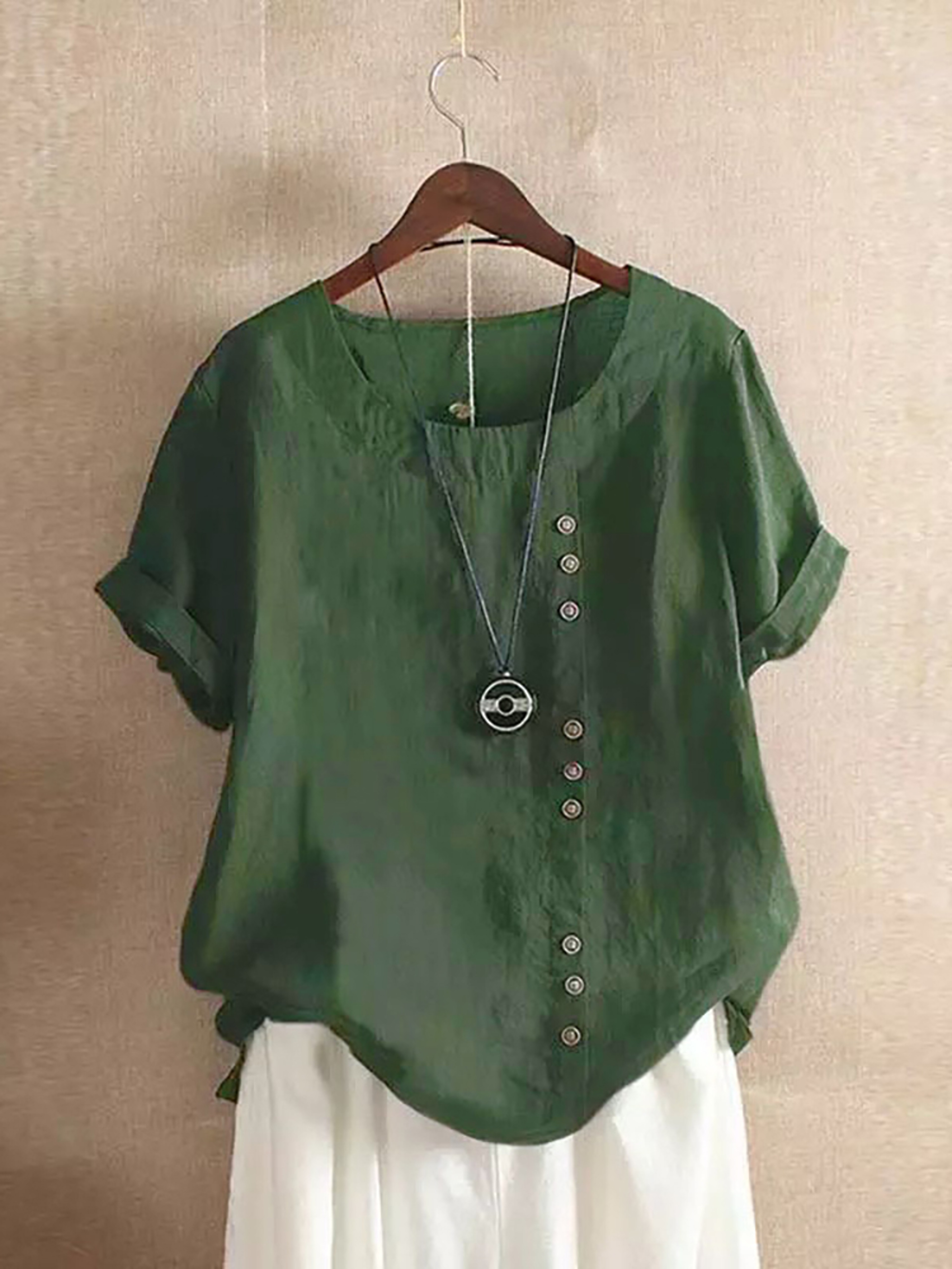 Vintage Harajuku Button T Shirt Linen Casual Short Sleeve Loose Blouse 8
