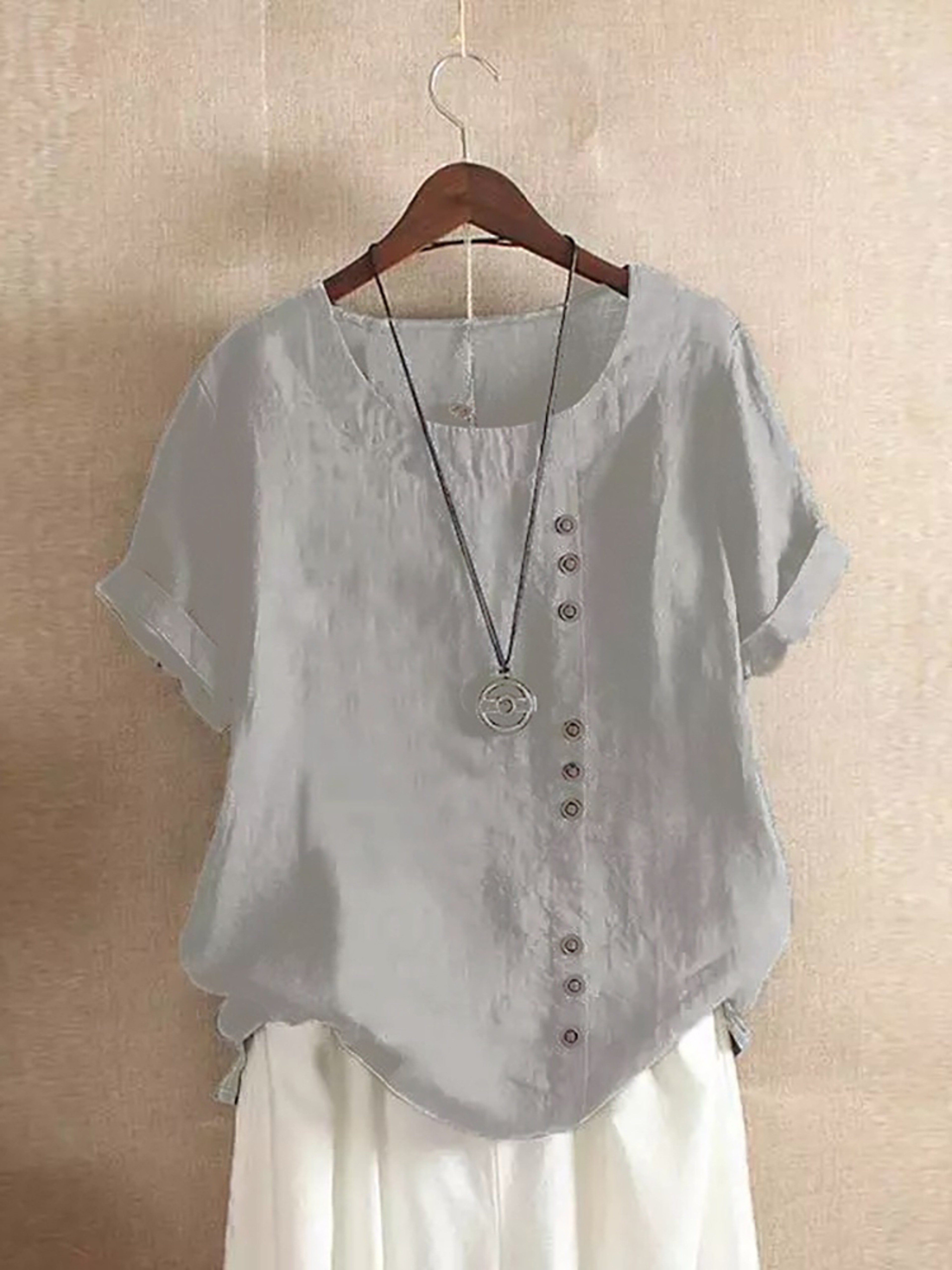 Vintage Harajuku Button T Shirt Linen Casual Short Sleeve Loose Blouse 9