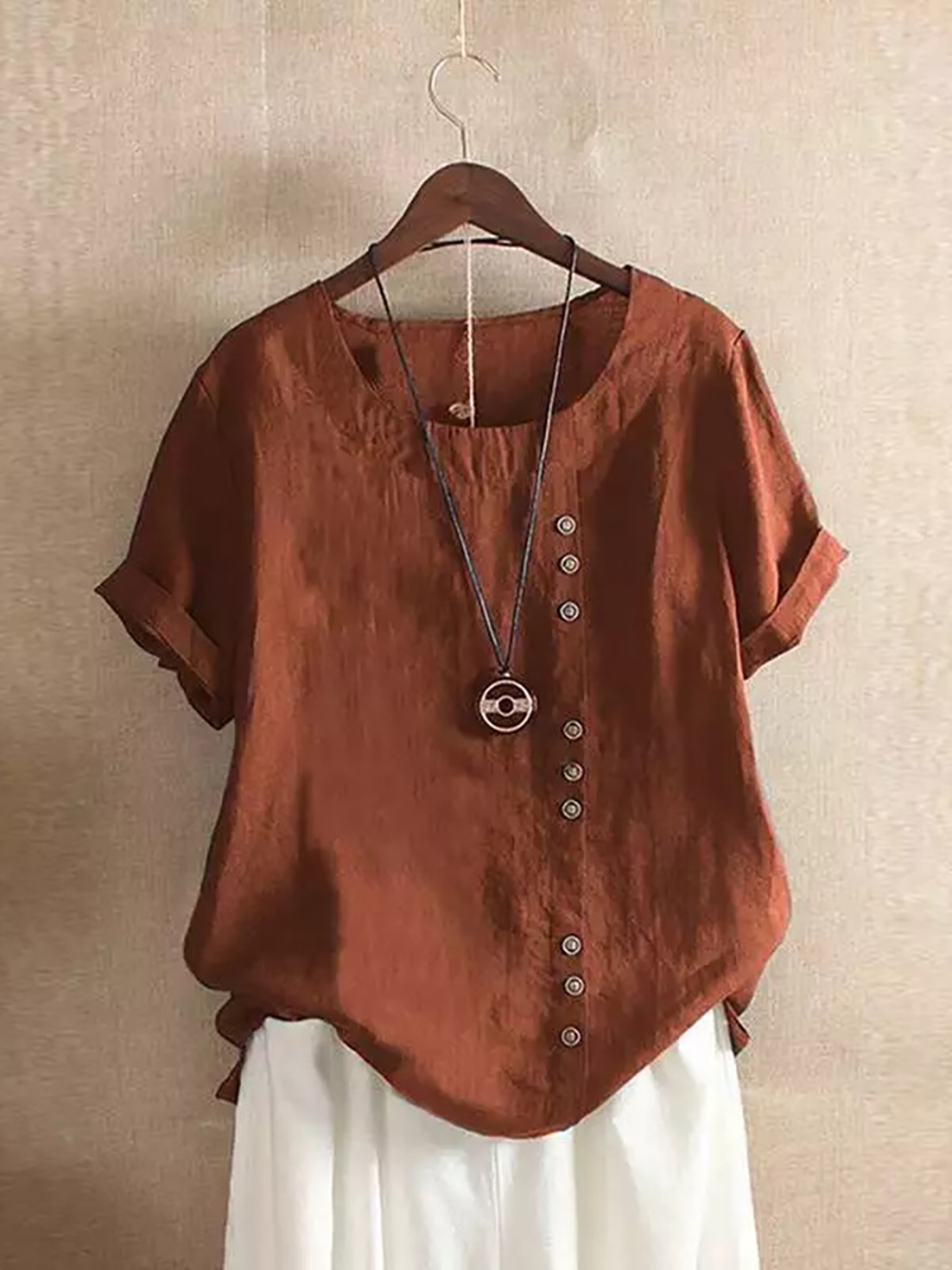 Vintage Harajuku Button T Shirt Linen Casual Short Sleeve Loose Blouse 10