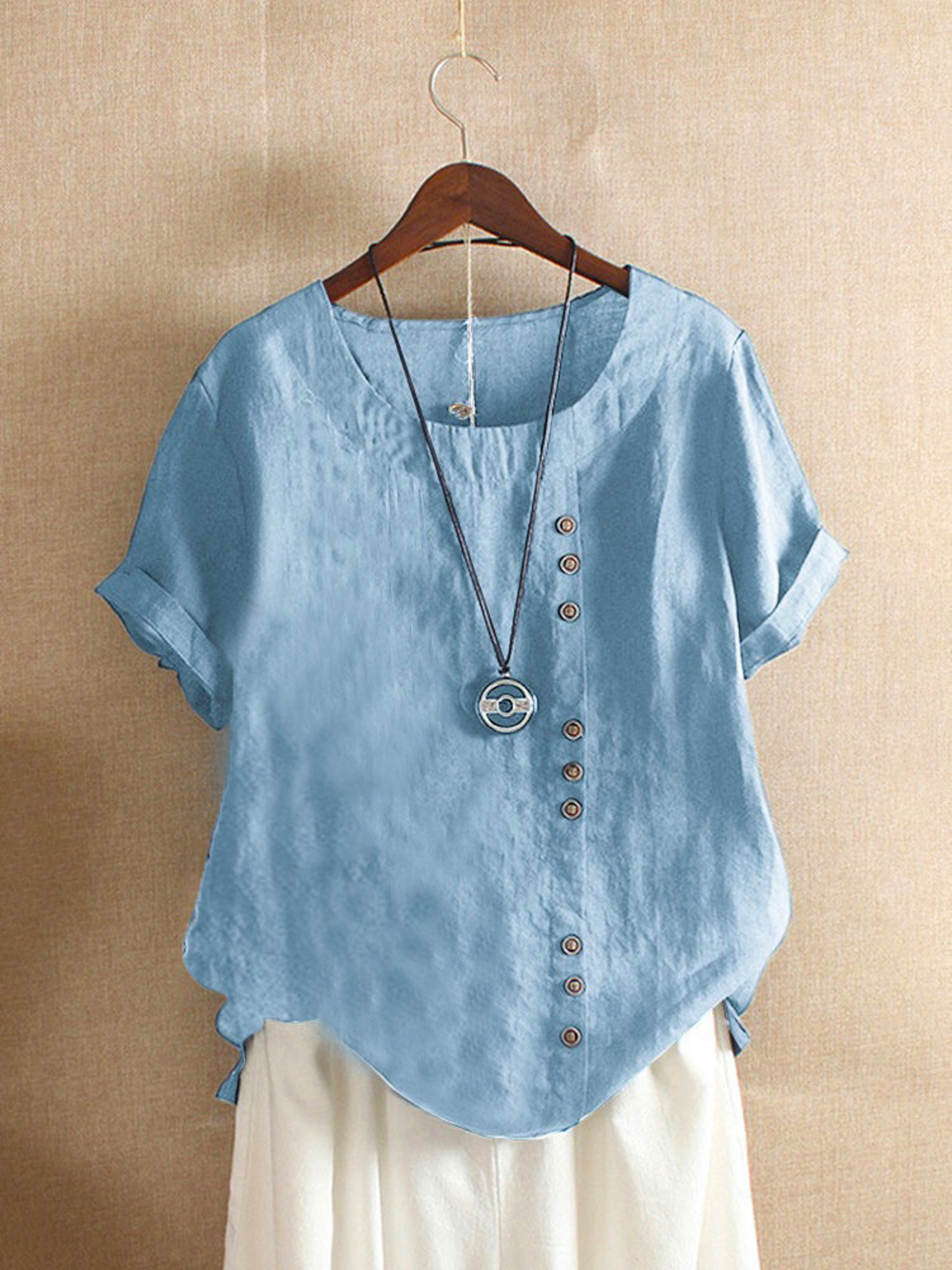 Vintage Harajuku Button T Shirt Linen Casual Short Sleeve Loose Blouse 11
