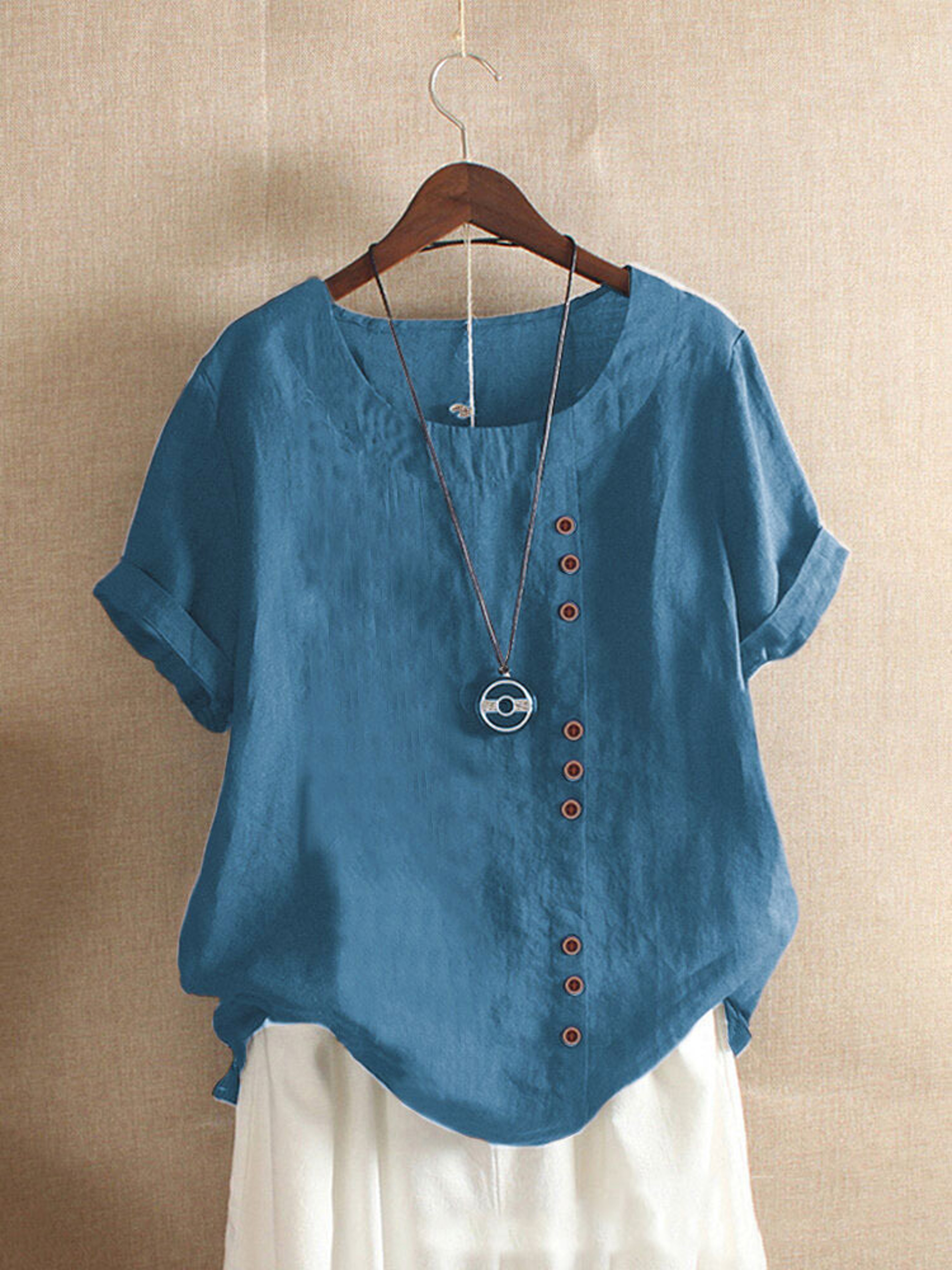 Vintage Harajuku Button T Shirt Linen Casual Short Sleeve Loose Blouse 12