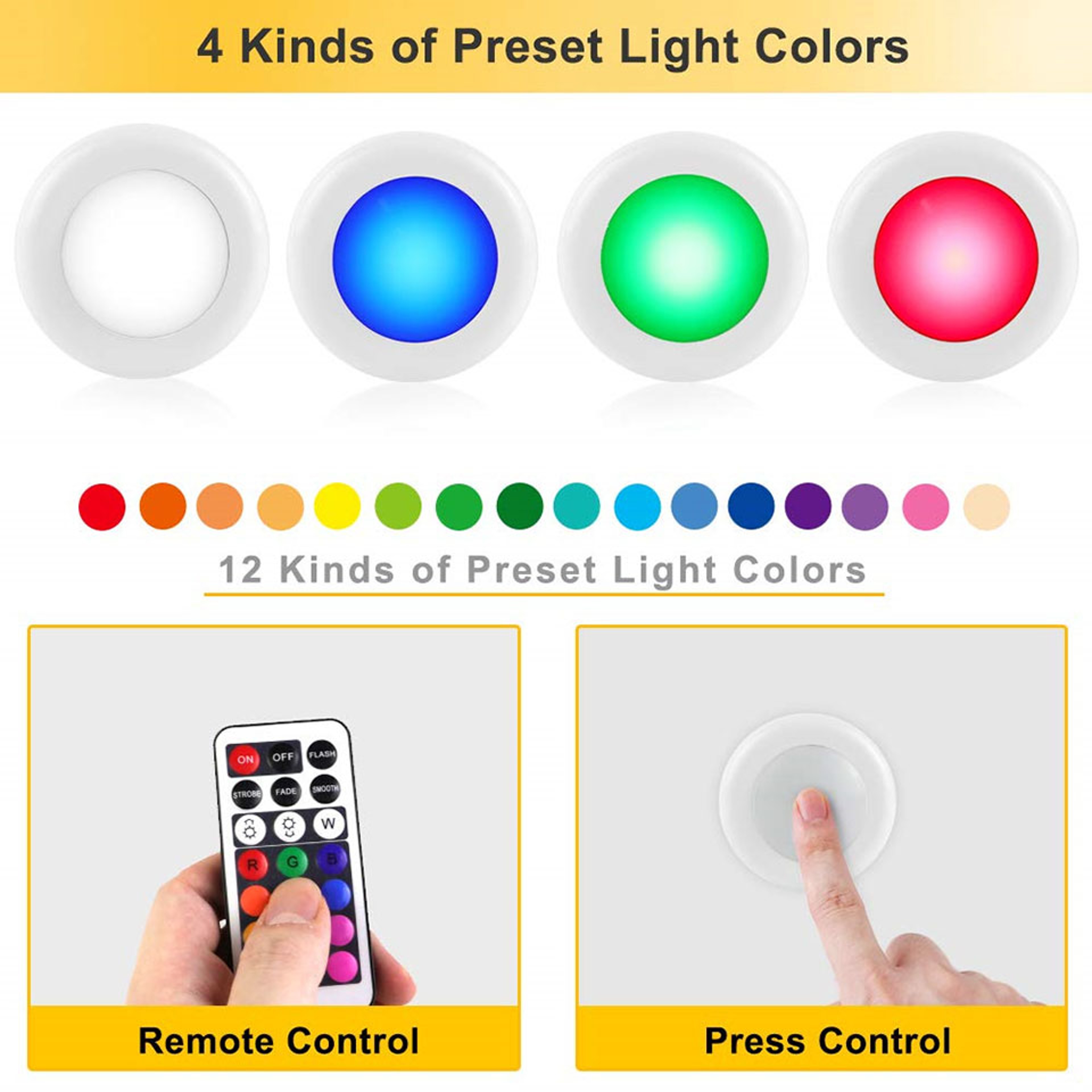 RGB LED Puck Lights With Remote Battery Operated Under Cabinet Lights For Kitchen Closet  Display S 2