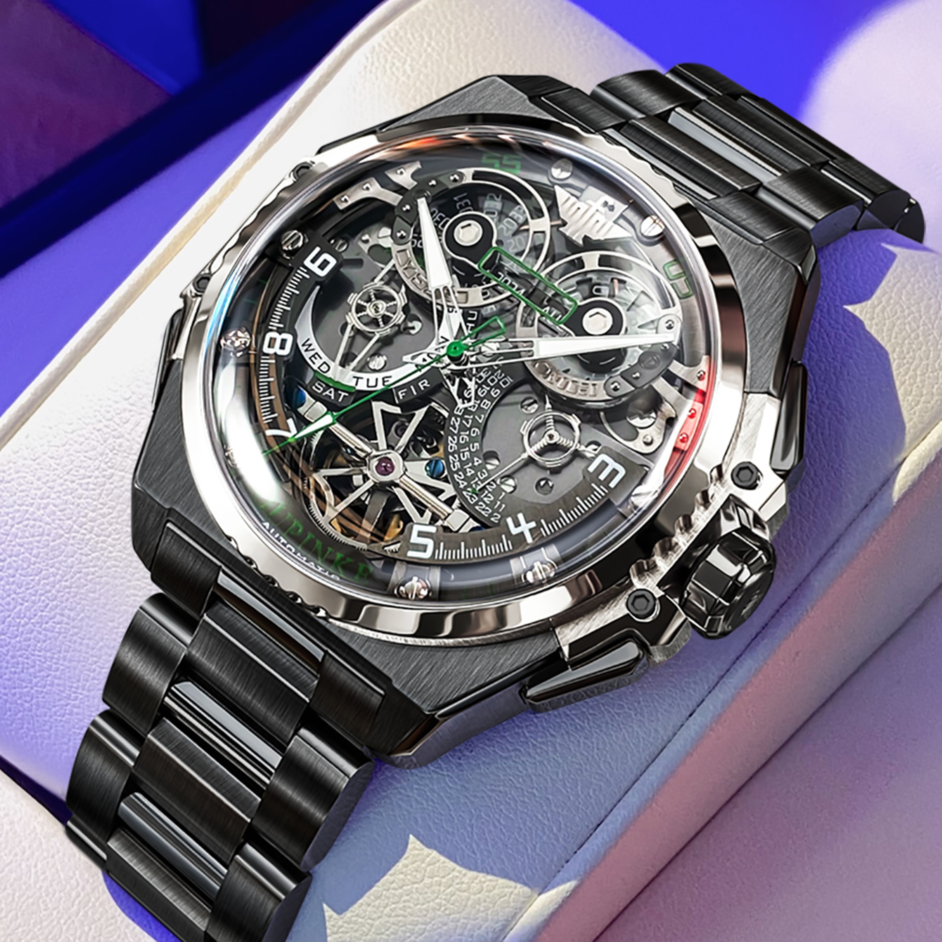Mens Skeleton Automatic Watch Stainless Steel Water Resistants – view 8