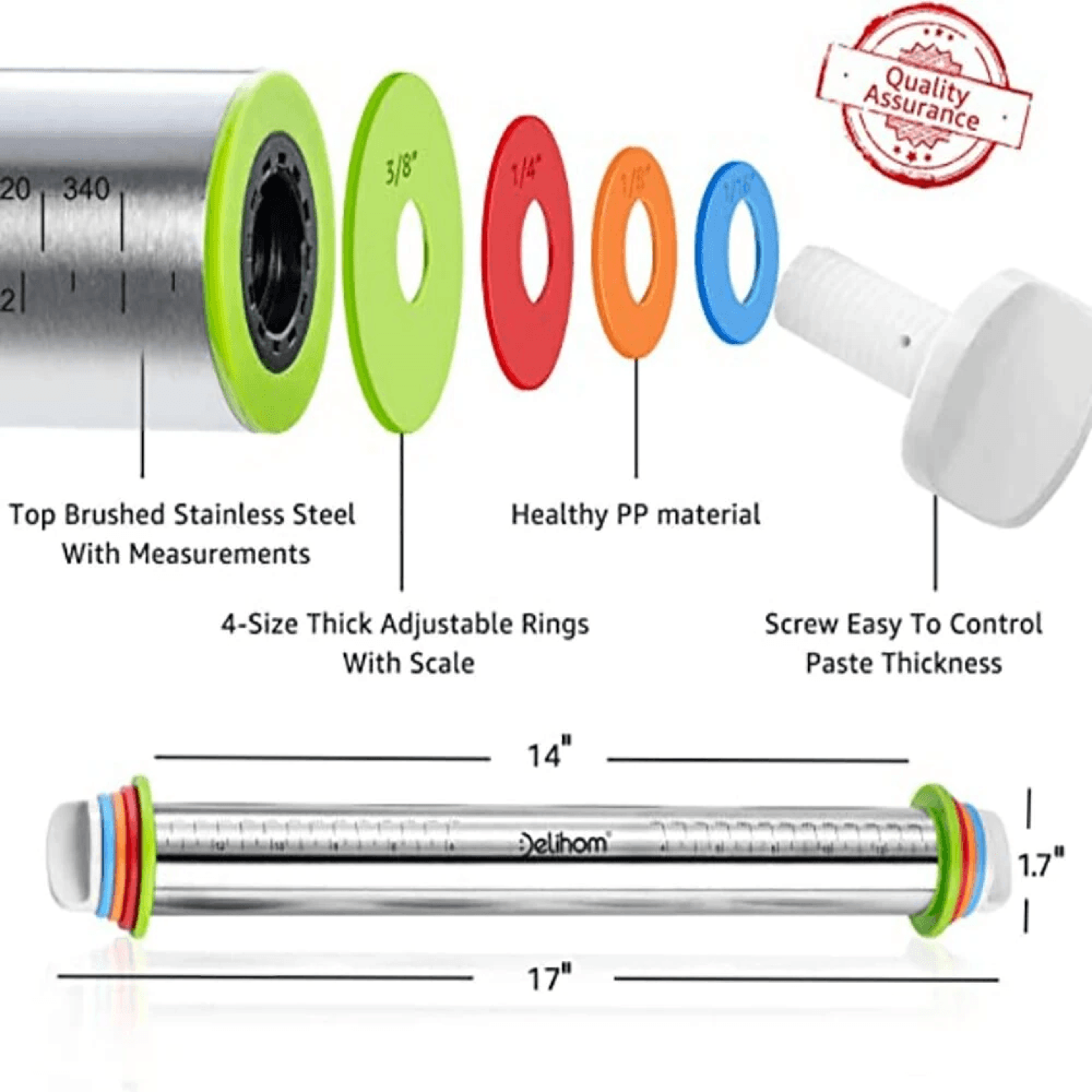 Adjustable Stainless Steel Rolling Pin With Thickness Rings For Baking 6