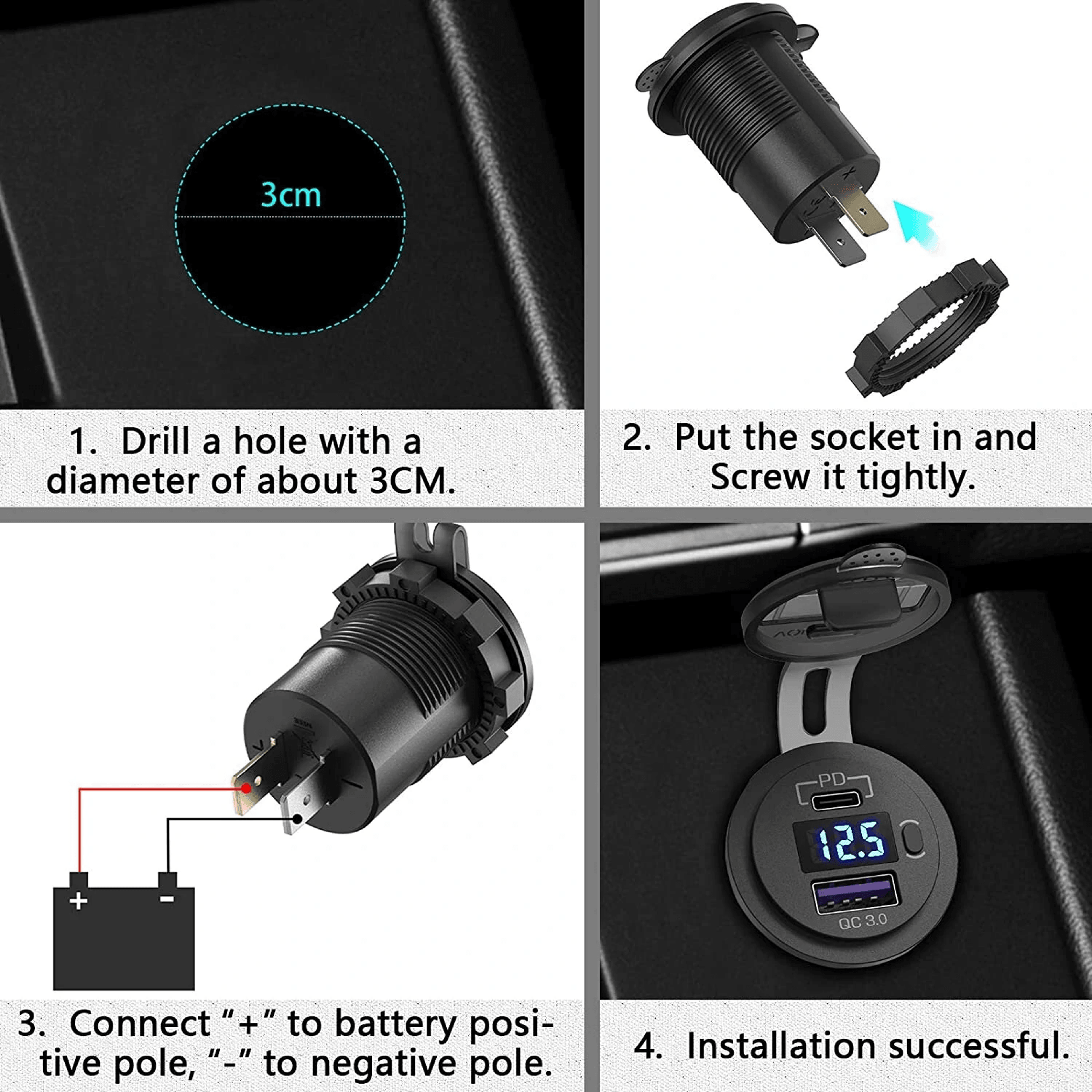 Dual USB Car Charger Socket With Fast Charging And LED Voltmeter 5