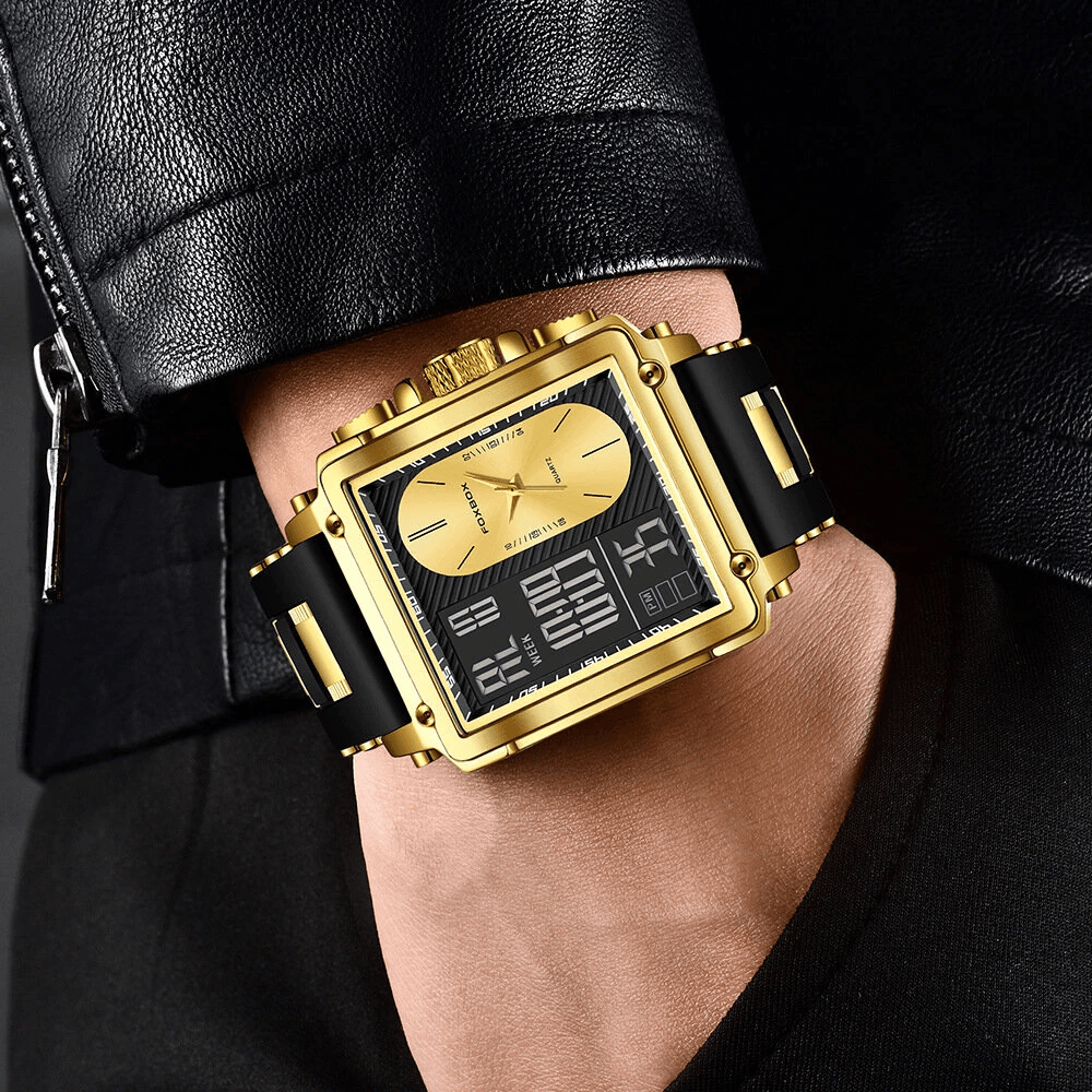 Mens Square Dual Display Watch Waterproof Luminous Business Casual Sports Wristwatch 2