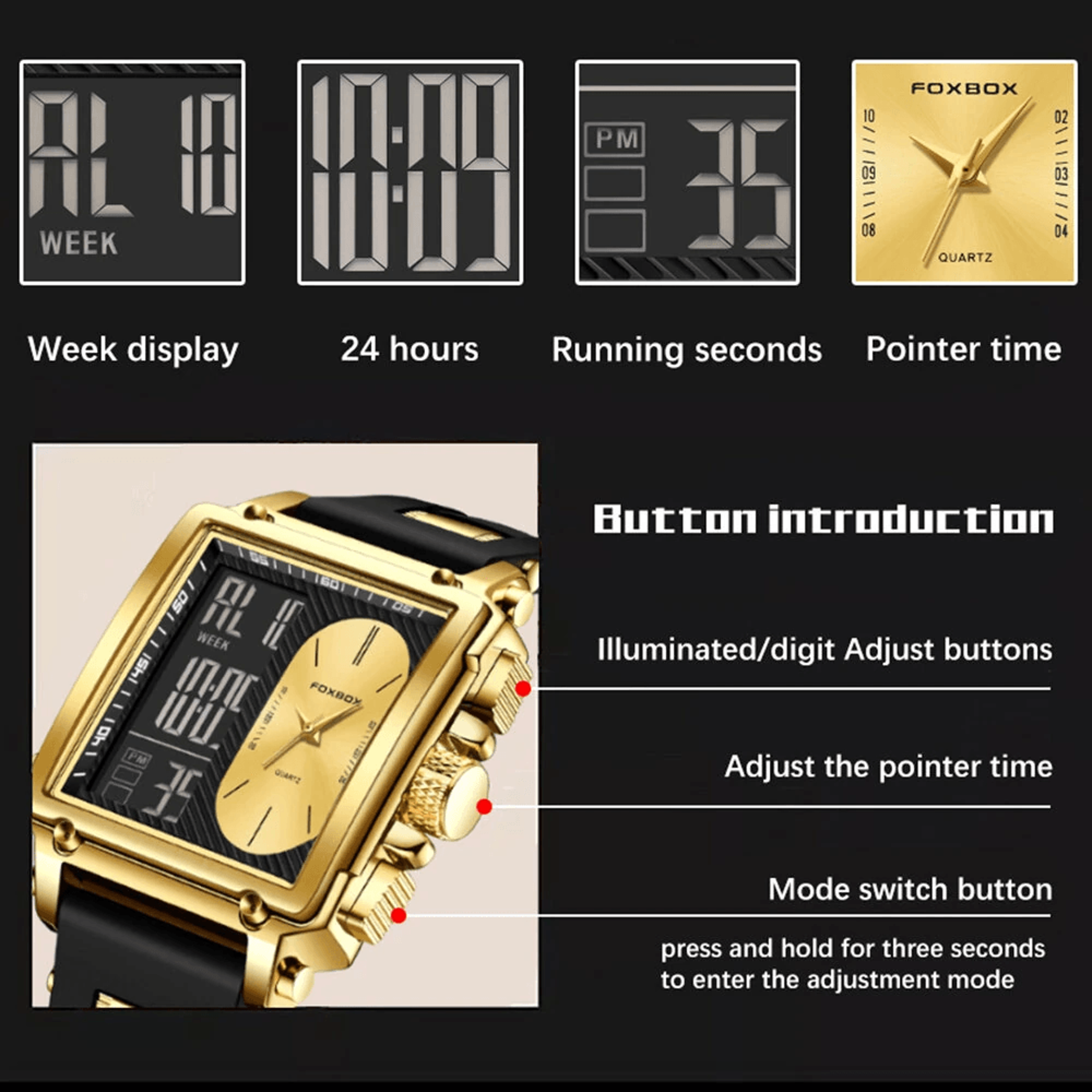 Mens Square Dual Display Watch Waterproof Luminous Business Casual Sports Wristwatch 5