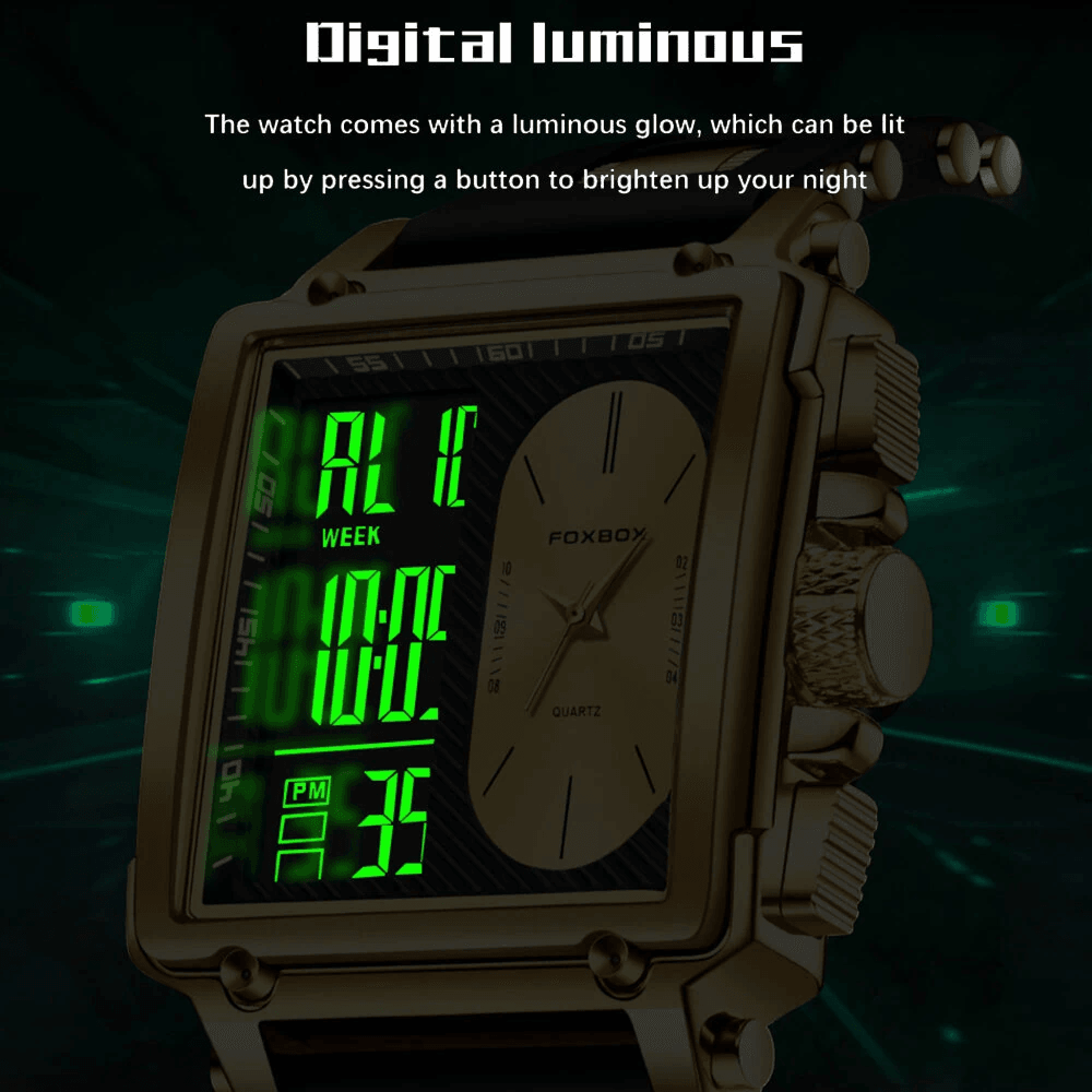 Mens Square Dual Display Watch Waterproof Luminous Business Casual Sports Wristwatch 6