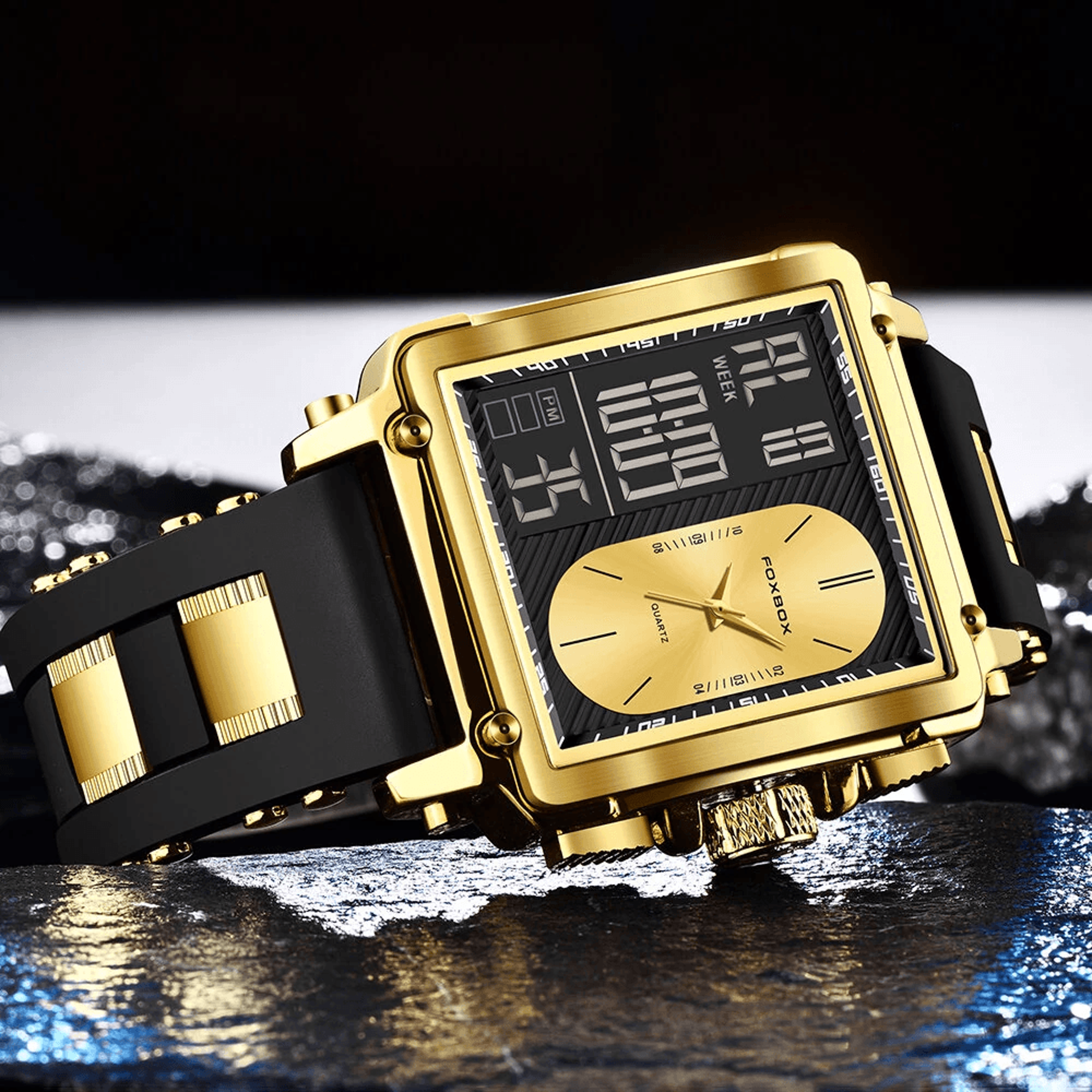 Mens Square Dual Display Watch Waterproof Luminous Business Casual Sports Wristwatch 4