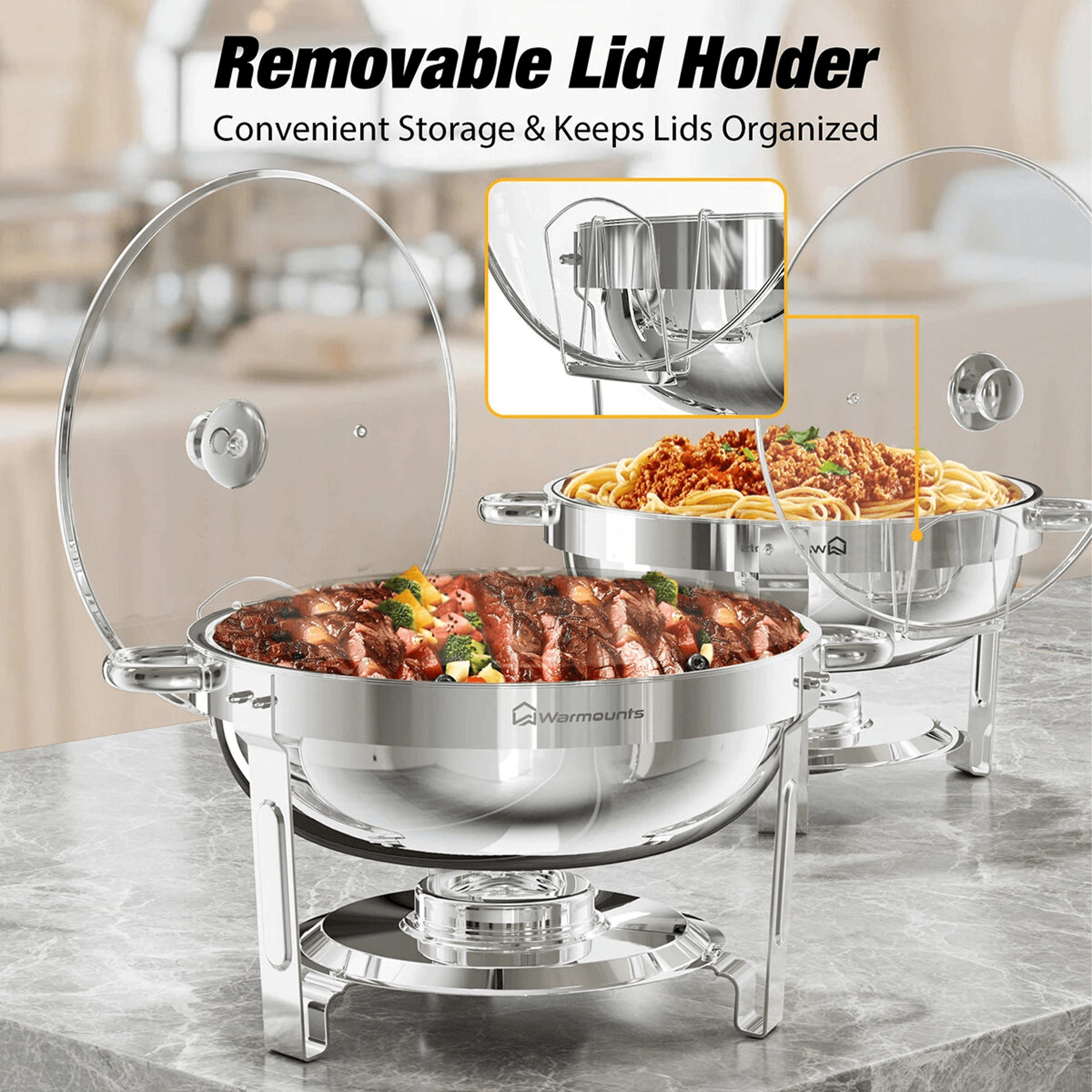 Round Chafing Dish Buffet Set With Glass Lids Pack Stainless Steel Food Warmers 4