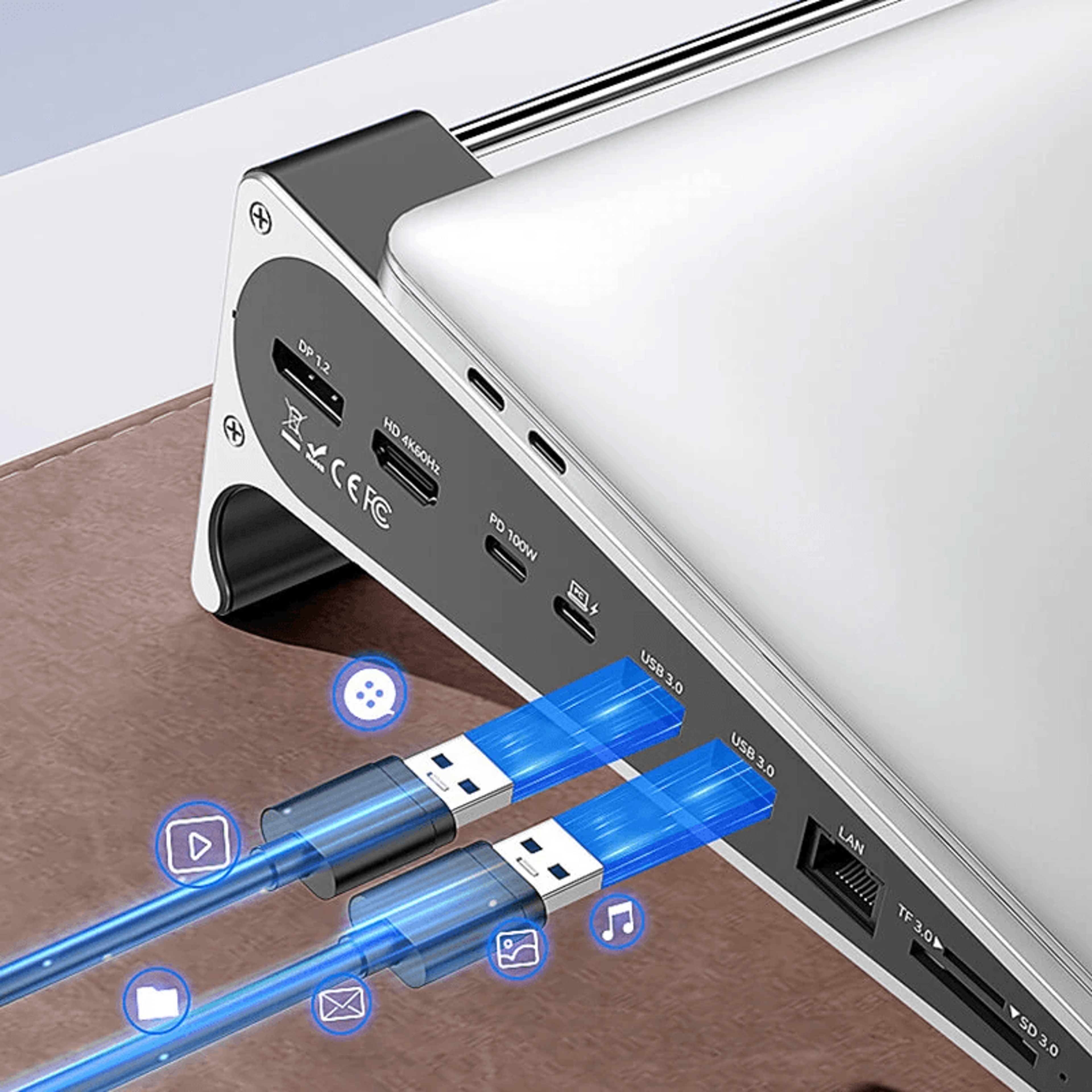 USB C Laptop Docking Station With Aluminum Stand Display PD And Card Reader 6