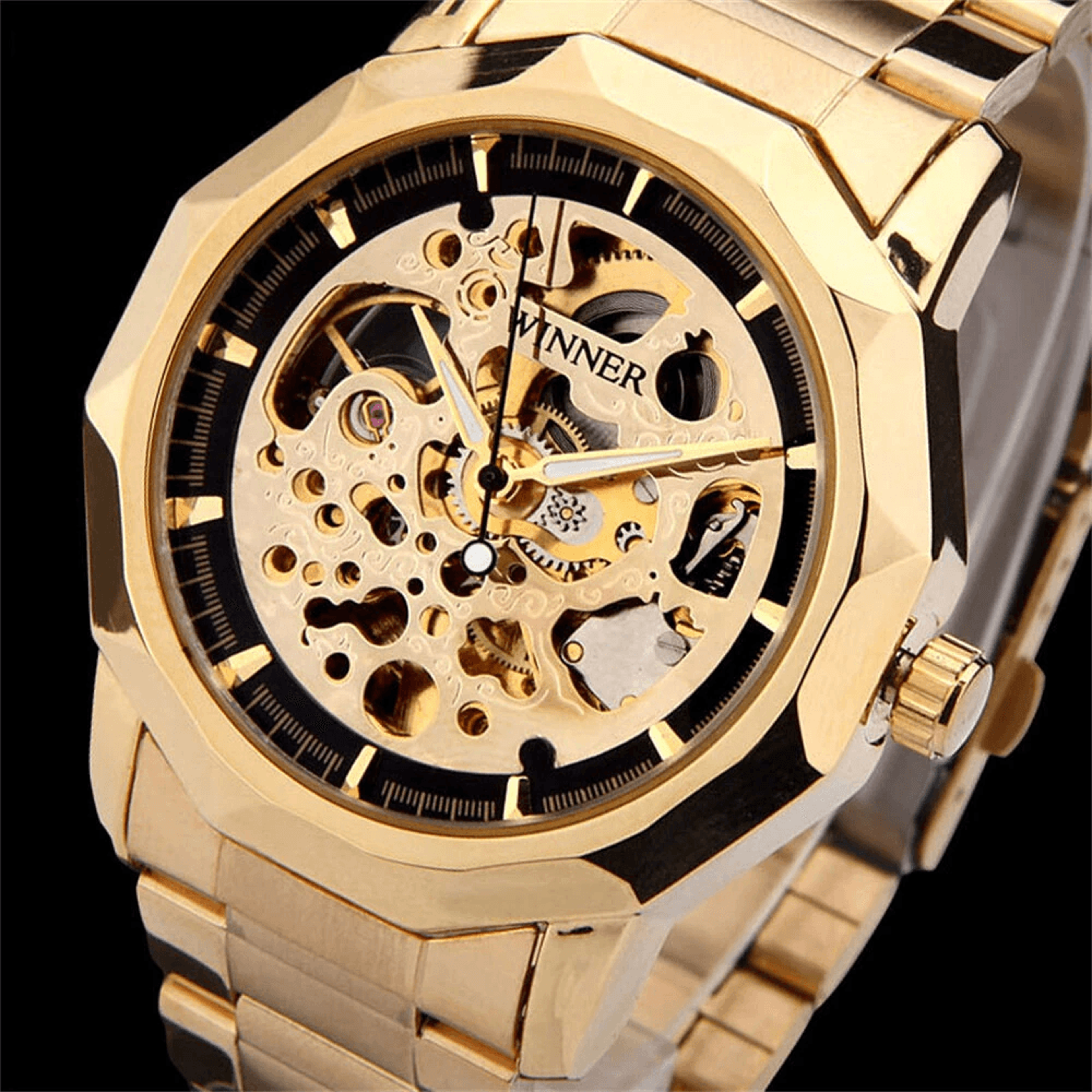 Automatic Skeleton Mechanical Watch For Men With Gold Steel Band And Retro Dial 5