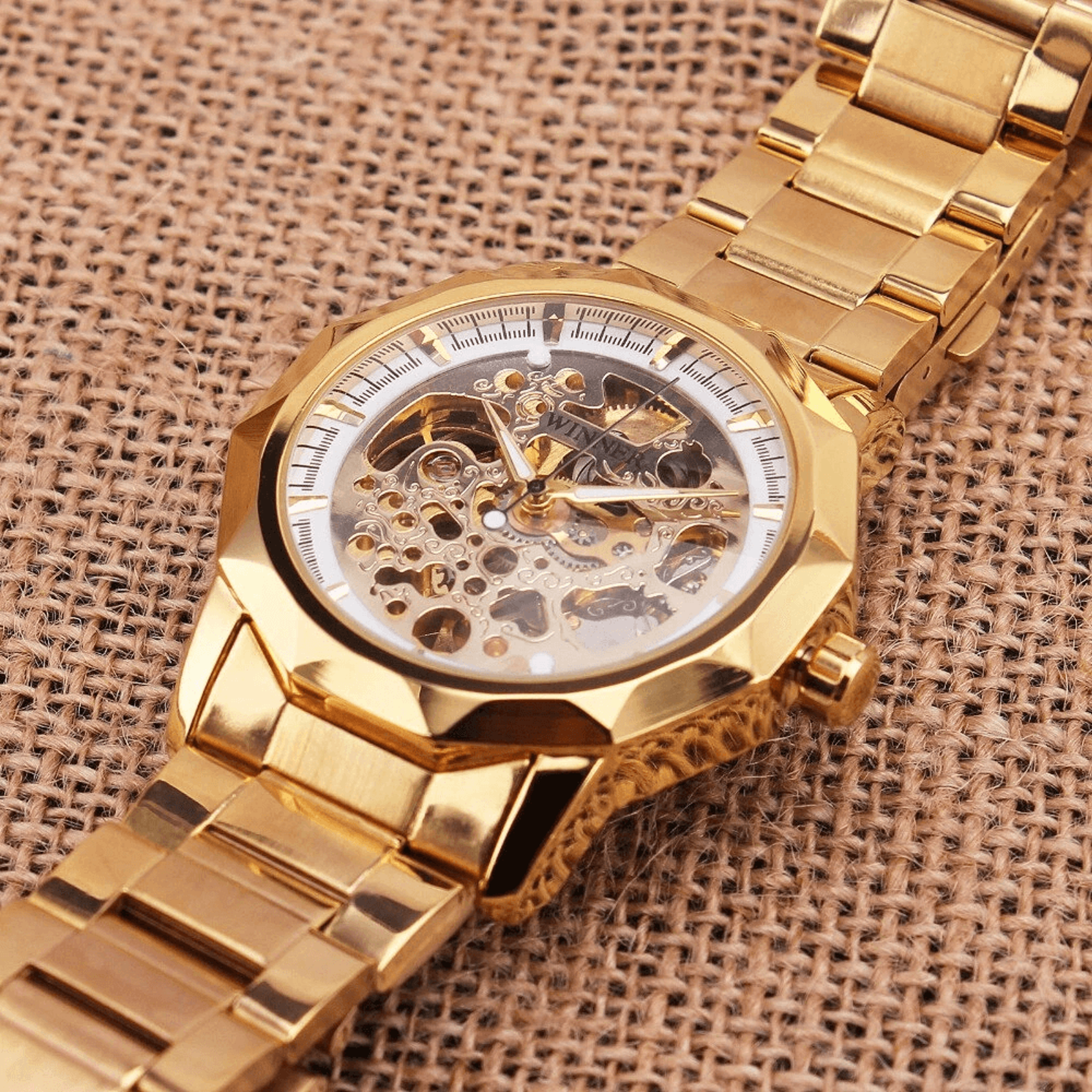 Automatic Skeleton Mechanical Watch For Men With Gold Steel Band And Retro Dial 3