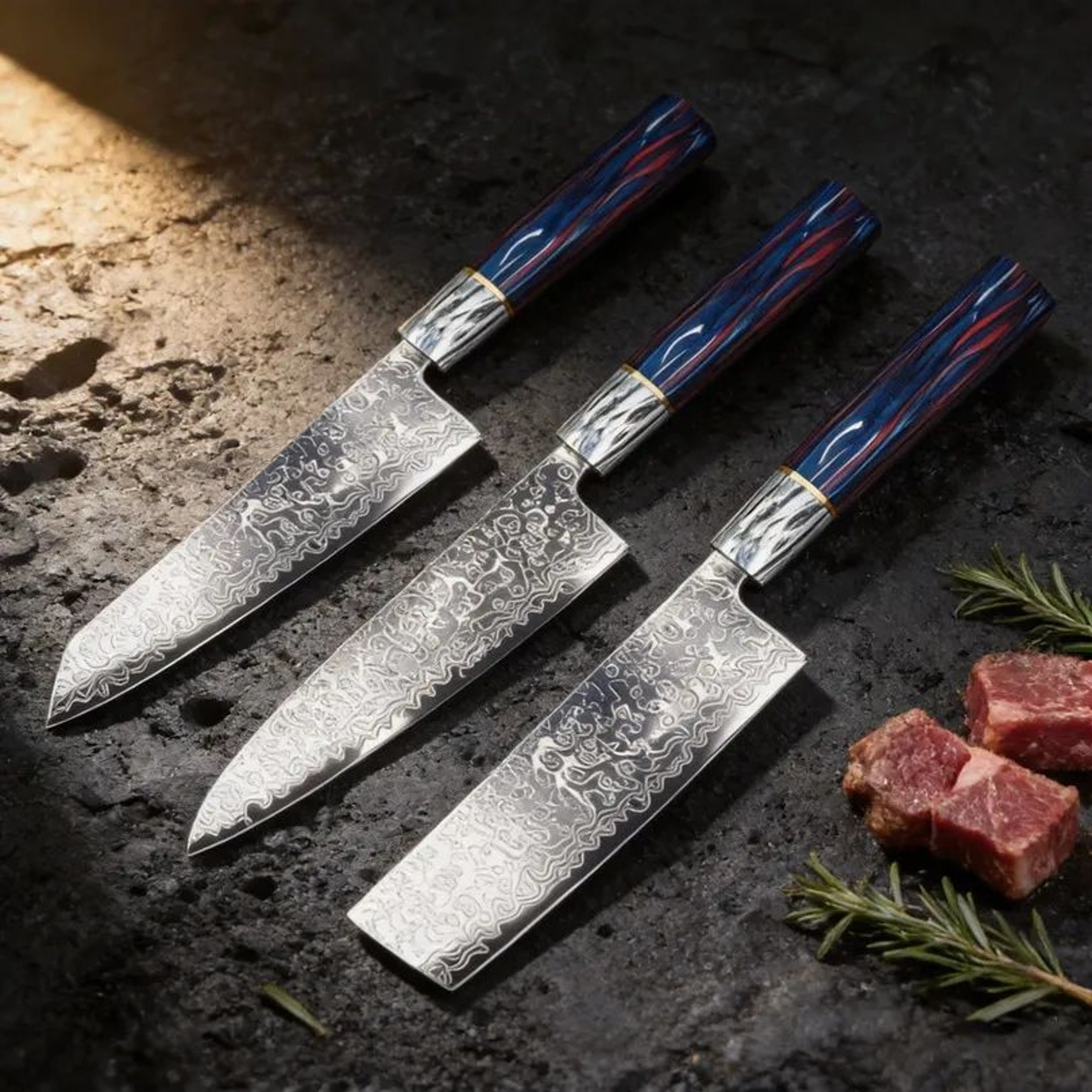 Damascus Pattern Kitchen Knife Set With Multicolor Handles For Vegetable Preparation 1